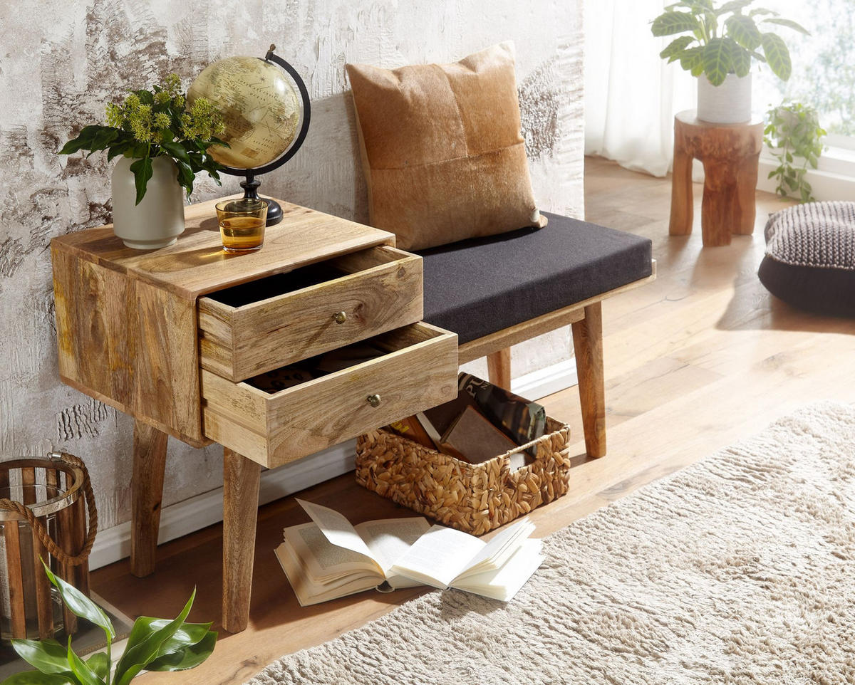 SITZBANK – Mango Holz, Schwarz, Schubladen, Retro-Stil - Schwarz/Braun, Holz/Textil (120/65/40cm) - KADIMA DESIGN