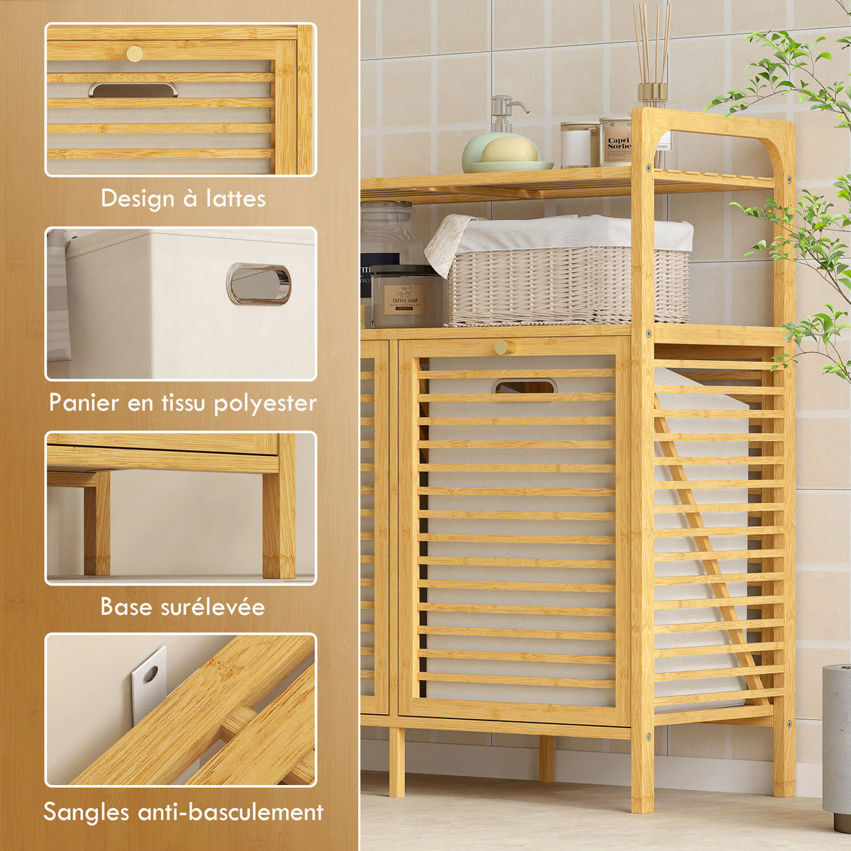 BADMÖBEL DE-17346 2 Wäschekörbe & 2 Regale Natur - Naturfarben, Naturmaterialien (82/88/33cm) - ComfortXL