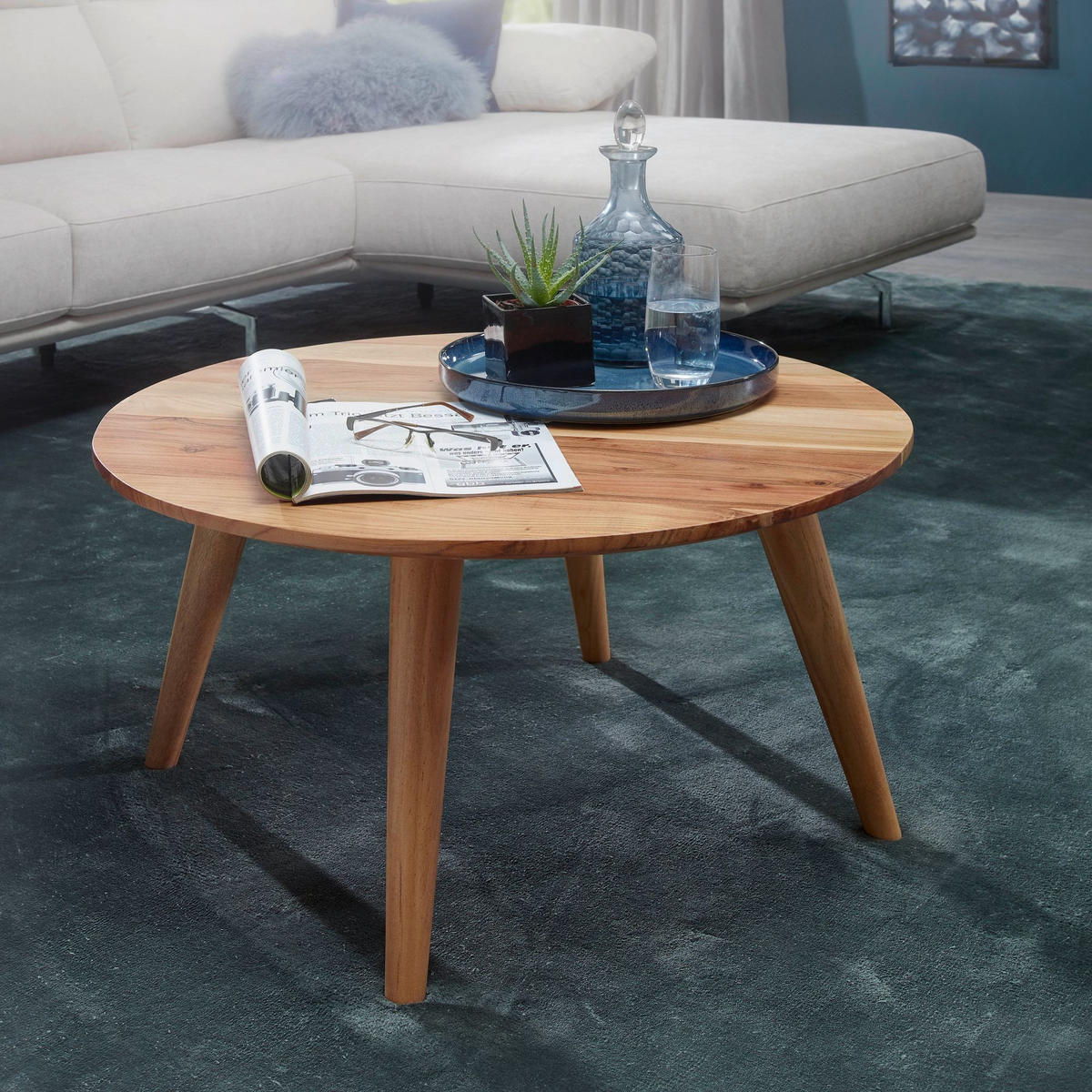 COUCHTISCH Rund Akazie Massivholz 75cm - Stabile Holzbeine, Pflegeleicht, Handgefertigt - Beige/Braun, Holz (75/75/40cm) - KADIMA DESIGN