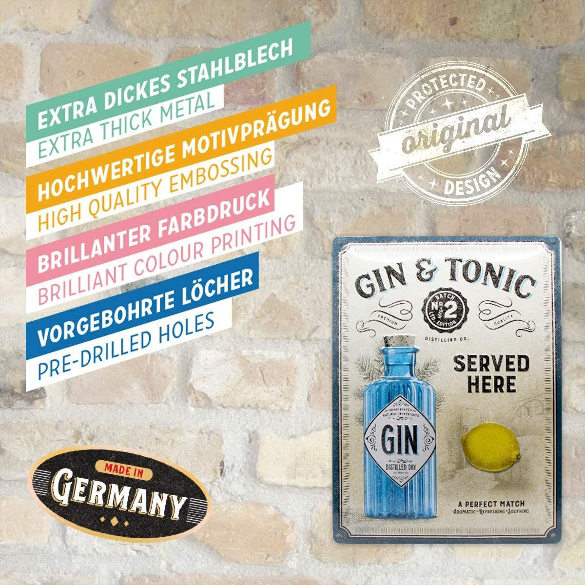 BLECHSCHILD 30/40 cm Open Bar Gin Tonic Served Here - Multicolor, Metall (30/40/0.2cm) - Nostalgic-Art