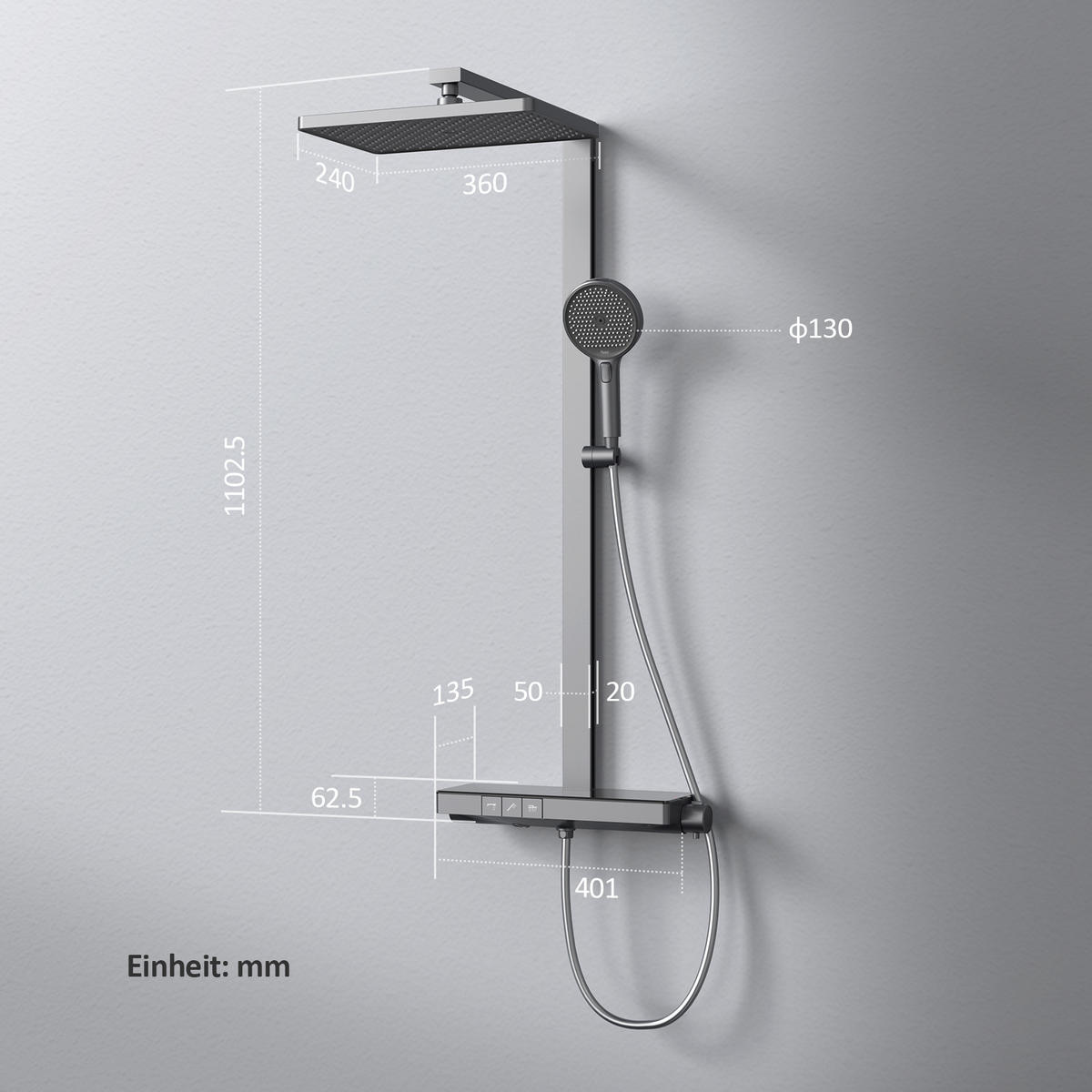 ÜBERKOPFBRAUSESET mit Brausethermostat Temperaturanzeige Anthrazit - Anthrazit, Metall (43.7/112.2/62.5cm) - EMKE