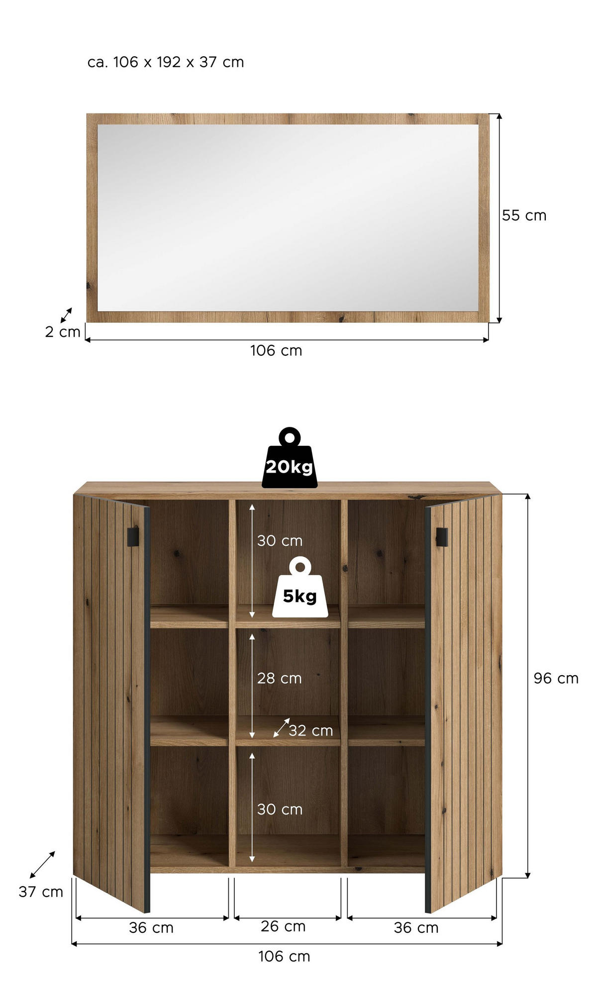 GARDEROBEN-SET STATION 2-tlg. (B/H/T: ca. 106/192/37 cm) in Evoke Oak Nachbildung/Evoke Oak Nachbildung - Eichefarben, Holzwerkstoff (106/192/37cm)