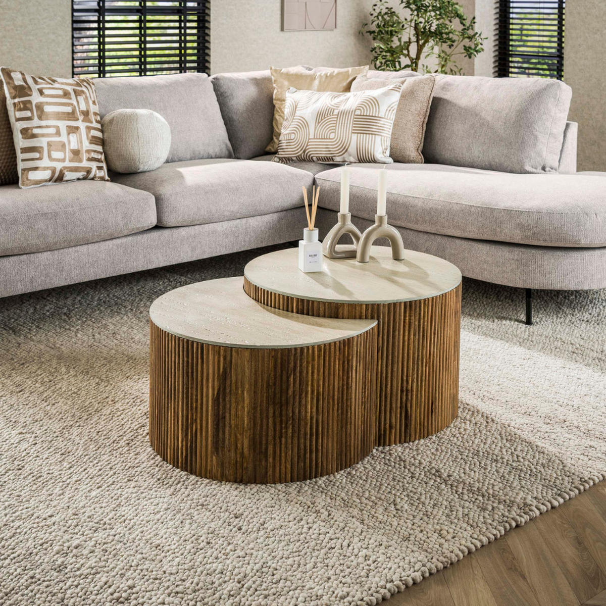COUCHTISCH-SET ELARA 2-teilige Satztische mit Travertin-Keramik - Sandfarben, Keramik (60/60/40cm) - alesvelt
