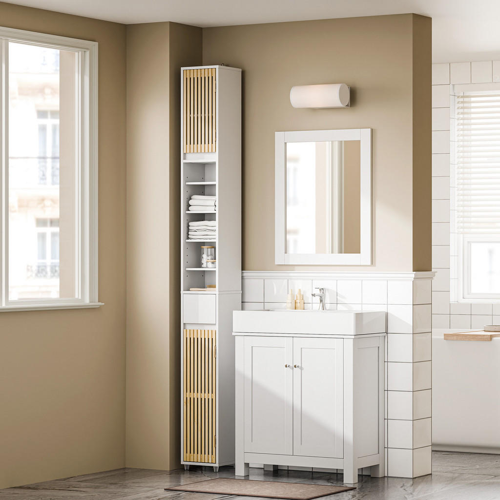 Thumbnail - SoBuy Hochschrank, Weiß, Natur, Holzwerkstoff, 20x180x20 cm, Badezimmer, Badezimmerschränke, Hochschränke