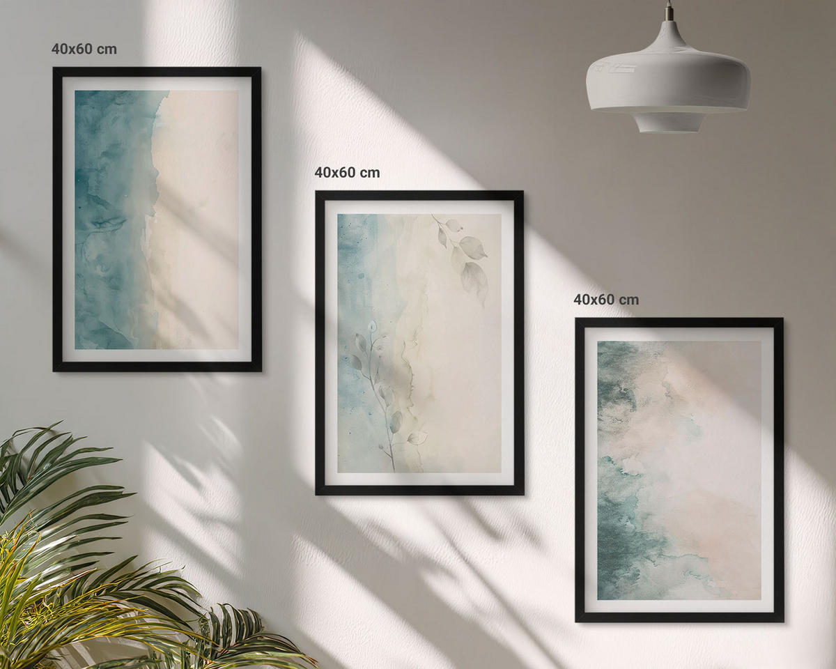 BILDER SET 3er Set - 40x60 cm Schwarzer Rahmen - Minimalismus auf Aquarellleinwand - Schwarz, Kunststoff (40/60cm) - TULUP