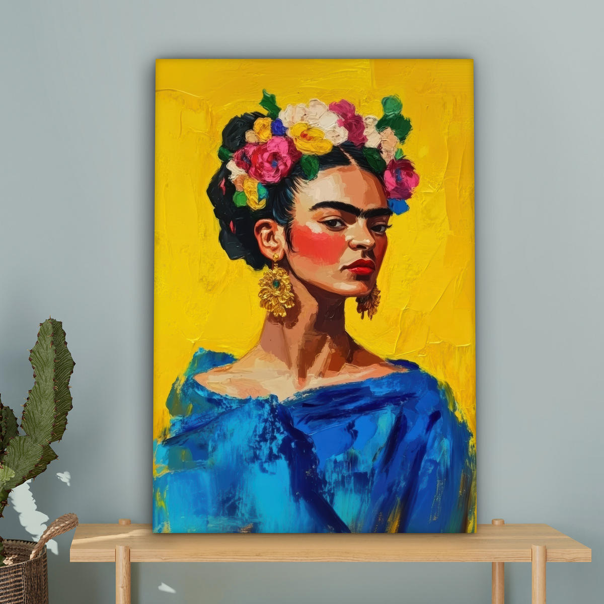 LEINWANDBILD Frida Kahlo - Frau - Gelb - Blau - Blumen 40x60 cm - Gelb, Textil (40/60cm) - MuchoWow