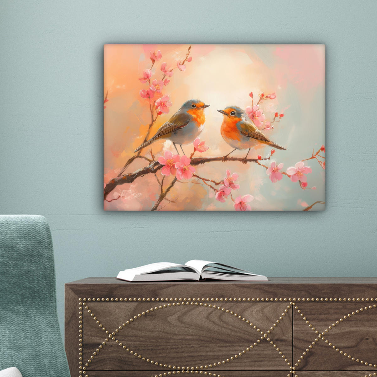LEINWANDBILD Rotkehlchen - Zierpflanze - Blütenzweig Wandbild 40x30 cm - Hellrosa, Textil (40/30cm) - MuchoWow