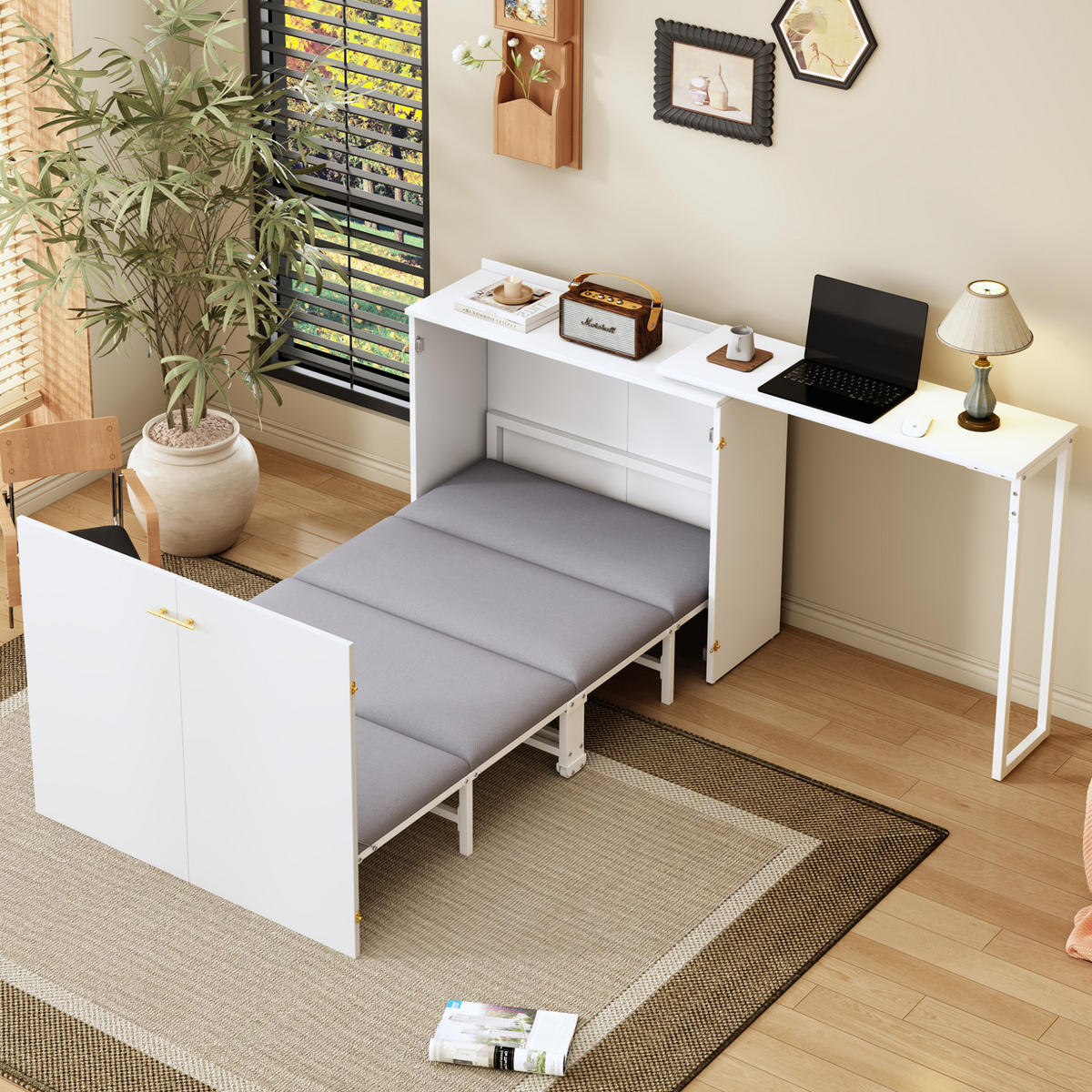 KLAPPBETT 90/200 cm mit drehbarem Schreibtisch, Matratze und Rollen, platzsparend aus Metall, Weiß/Holzfarbe - Weiß, Metall (90/200cm) - Redom
