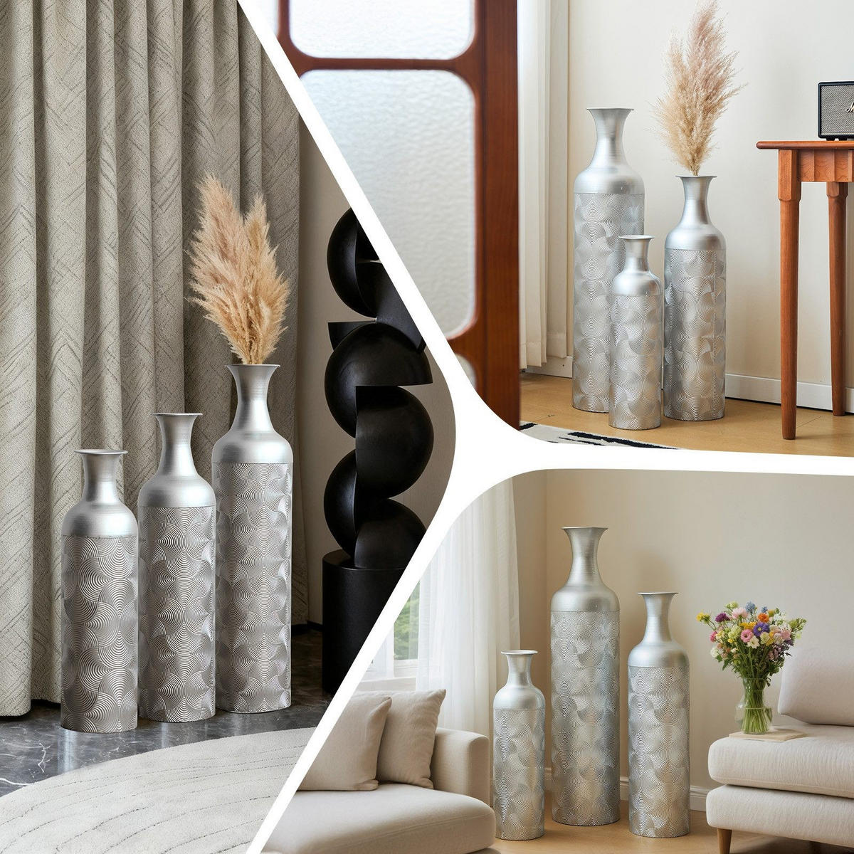 BODENVASE Metallvase,50/66/83 cm,3 tlg.Dekovase,Silber - Silberfarben, Metall (83cm) - LVHOM