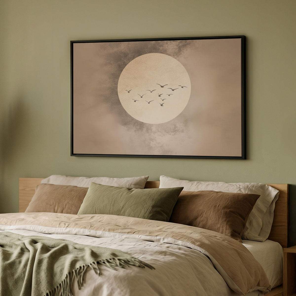 LEINWAND Bilder mit Rahmen - Vogel - Beige - Japanisch - 90x60 - Taupe, Textil (90/60cm) - MuchoWow