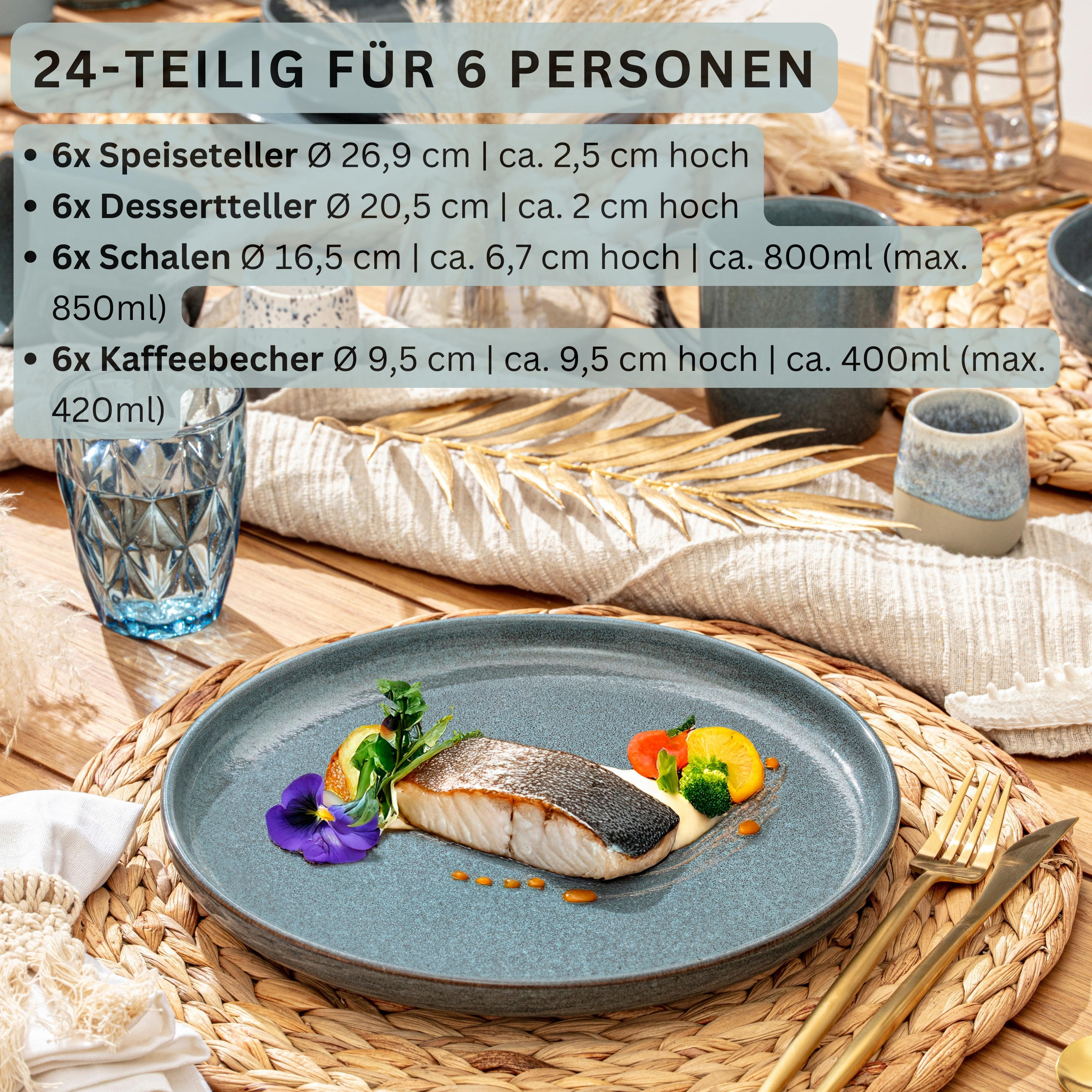 KOMBISERVICE KAIRO OCEAN - 24 teilig aus Steingut - Blau, Stein (50/30/80cm) - Sänger