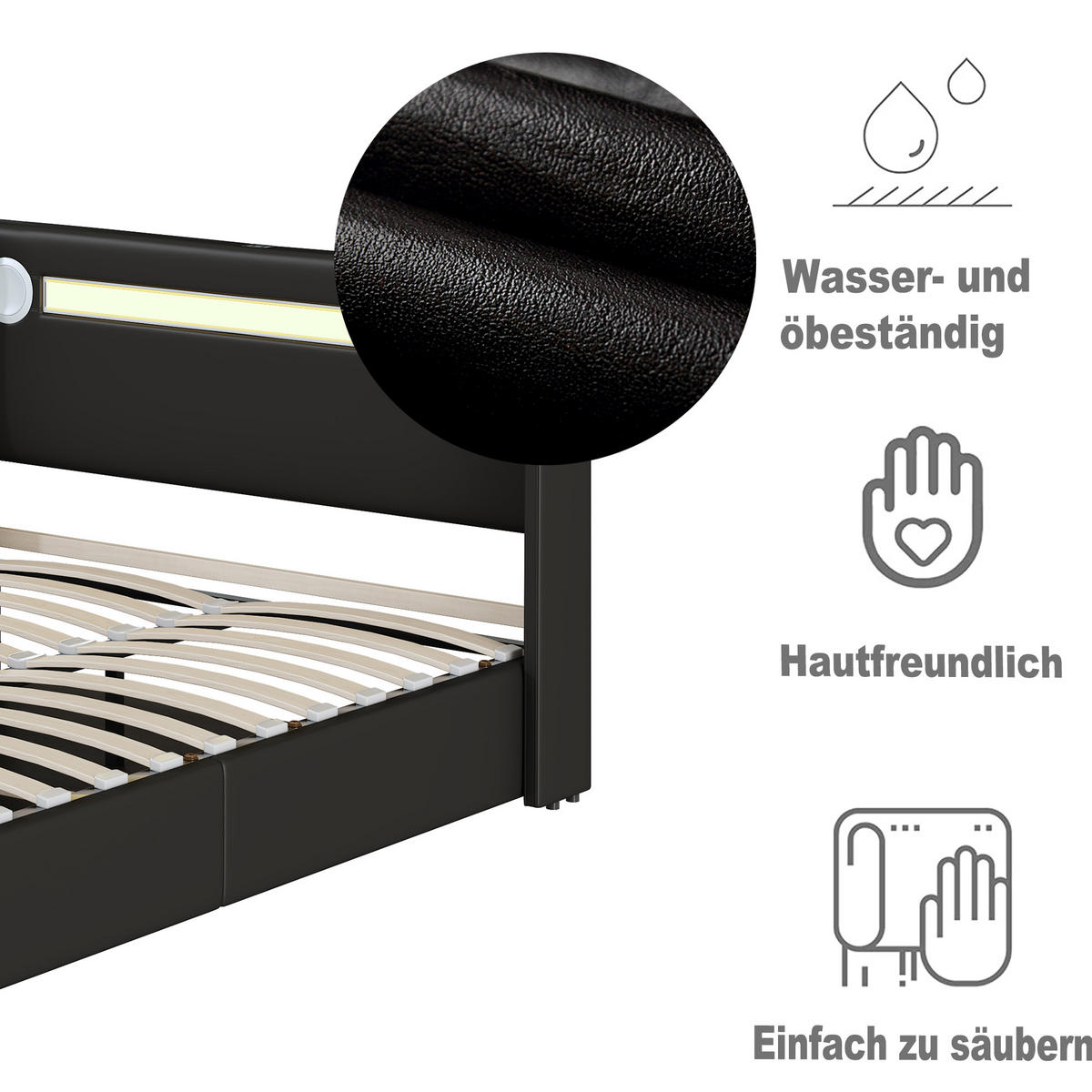 POLSTERBETT 90/200 cm schwarz mit LED-Beleuchtung und Bluetooth-Player - Schwarz, Kunststoff (90/200cm) - OKWISH