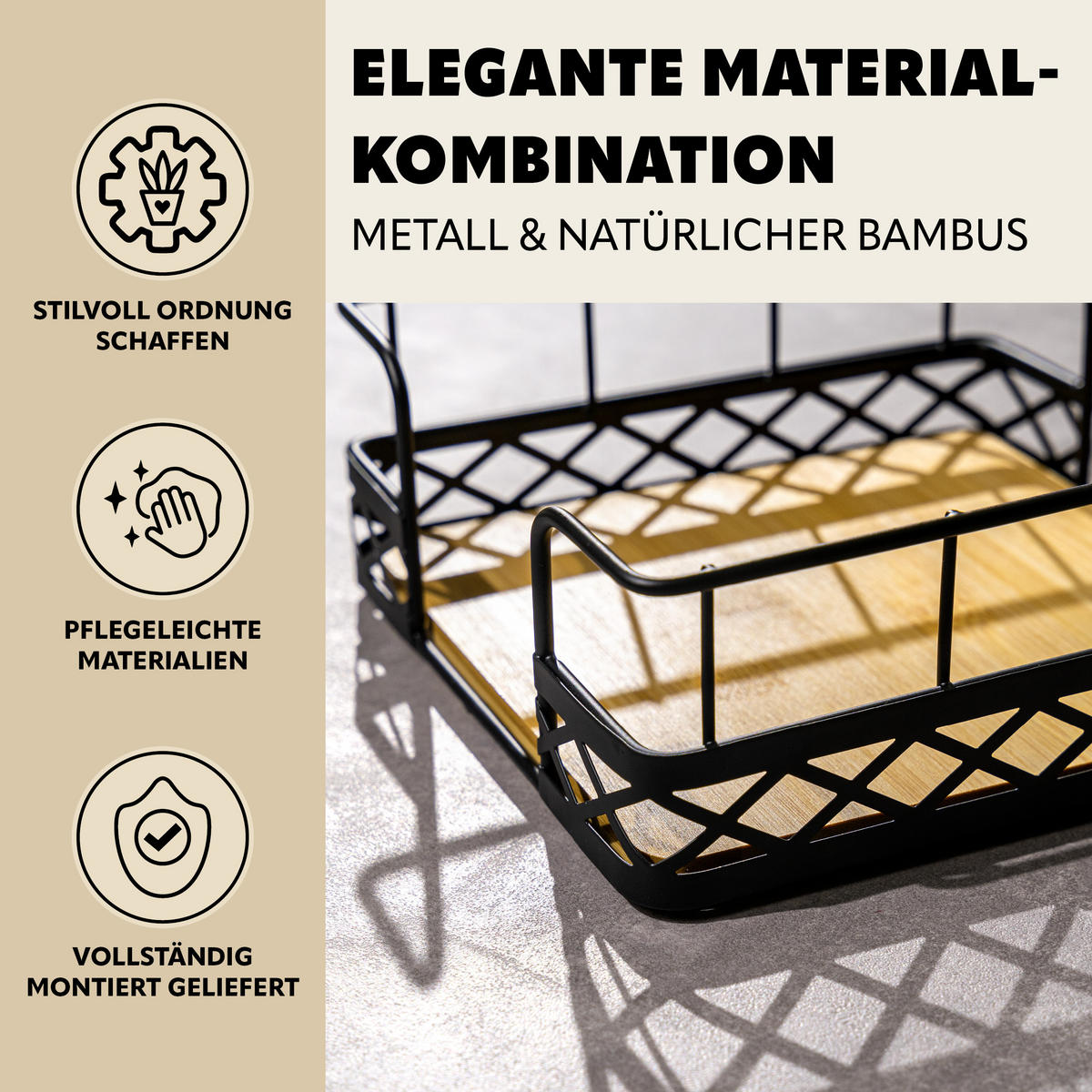 OBSTKORB mit Serviettenhalter, Bambus, Metall, schwarz - Schwarz, Metall (34/10.5cm) - bremermann