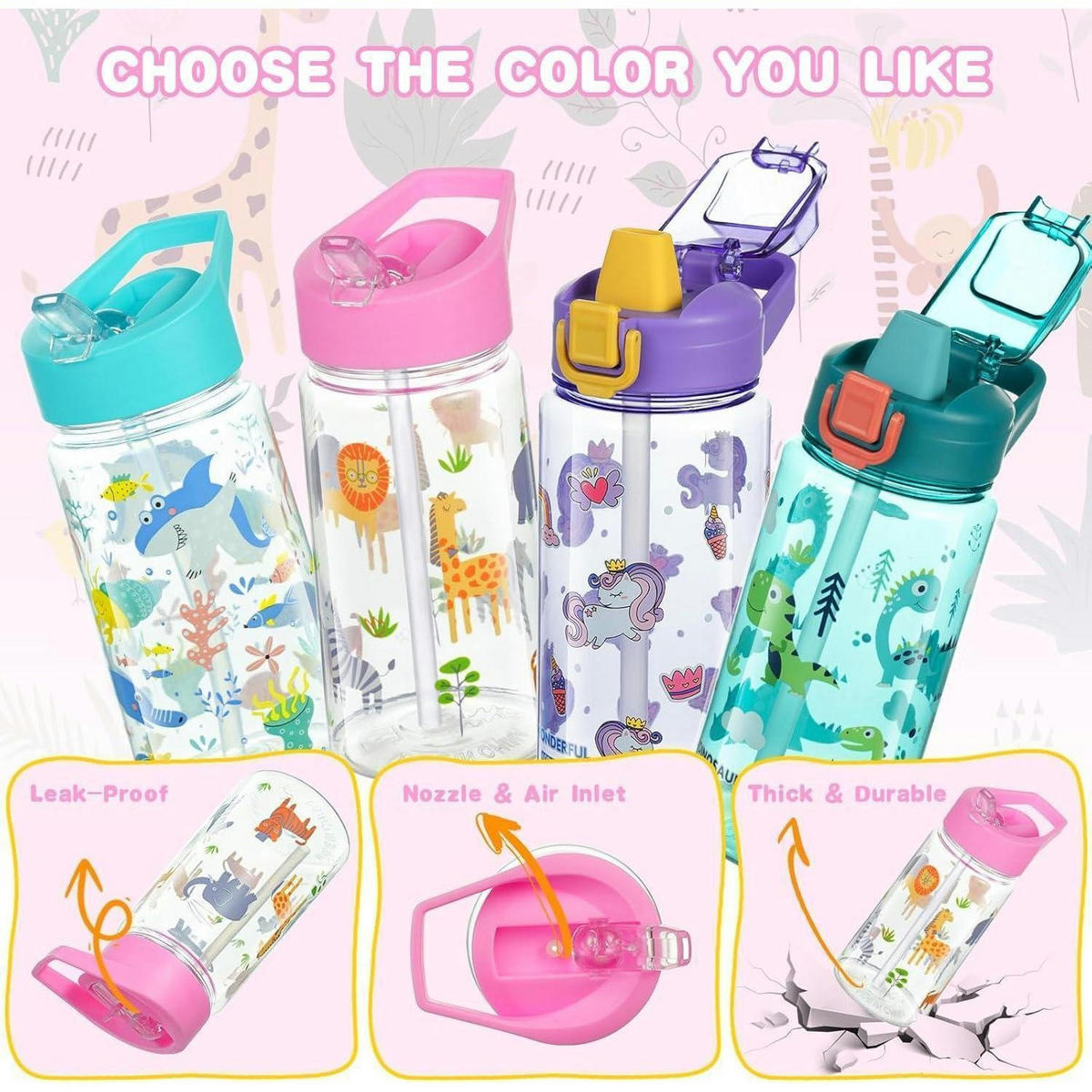 KINDER Trinkflasche mit Strohhalm 450 ml Rosa Tiere - Multicolor, Kunststoff (7.5/7.5cm)