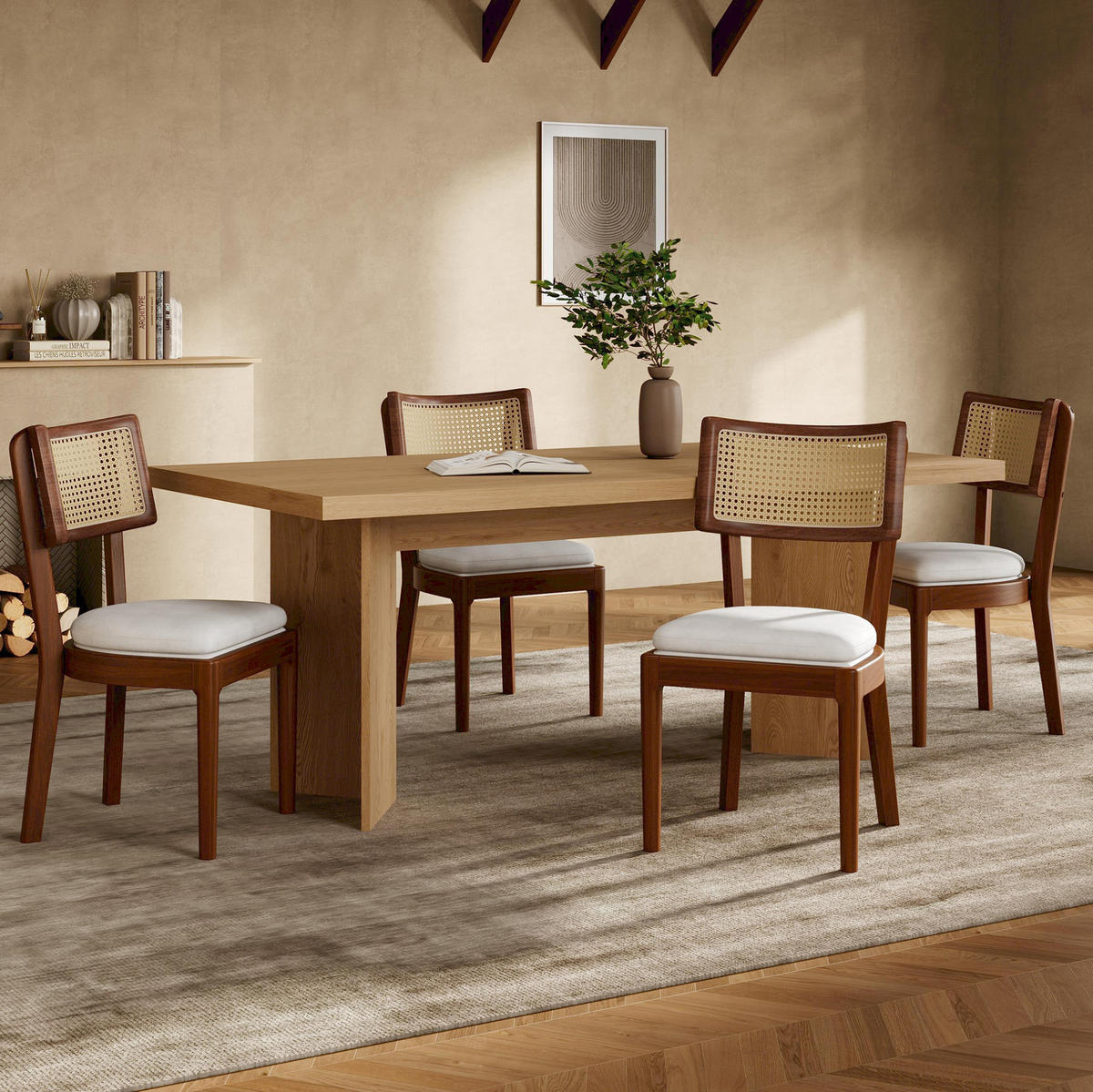 ESSZIMMERSTUHL 4er-Set mit Rattan-Rückenlehne Massivholz Walnut - Braun, Holz (58/88/50.1cm) - Meubliv