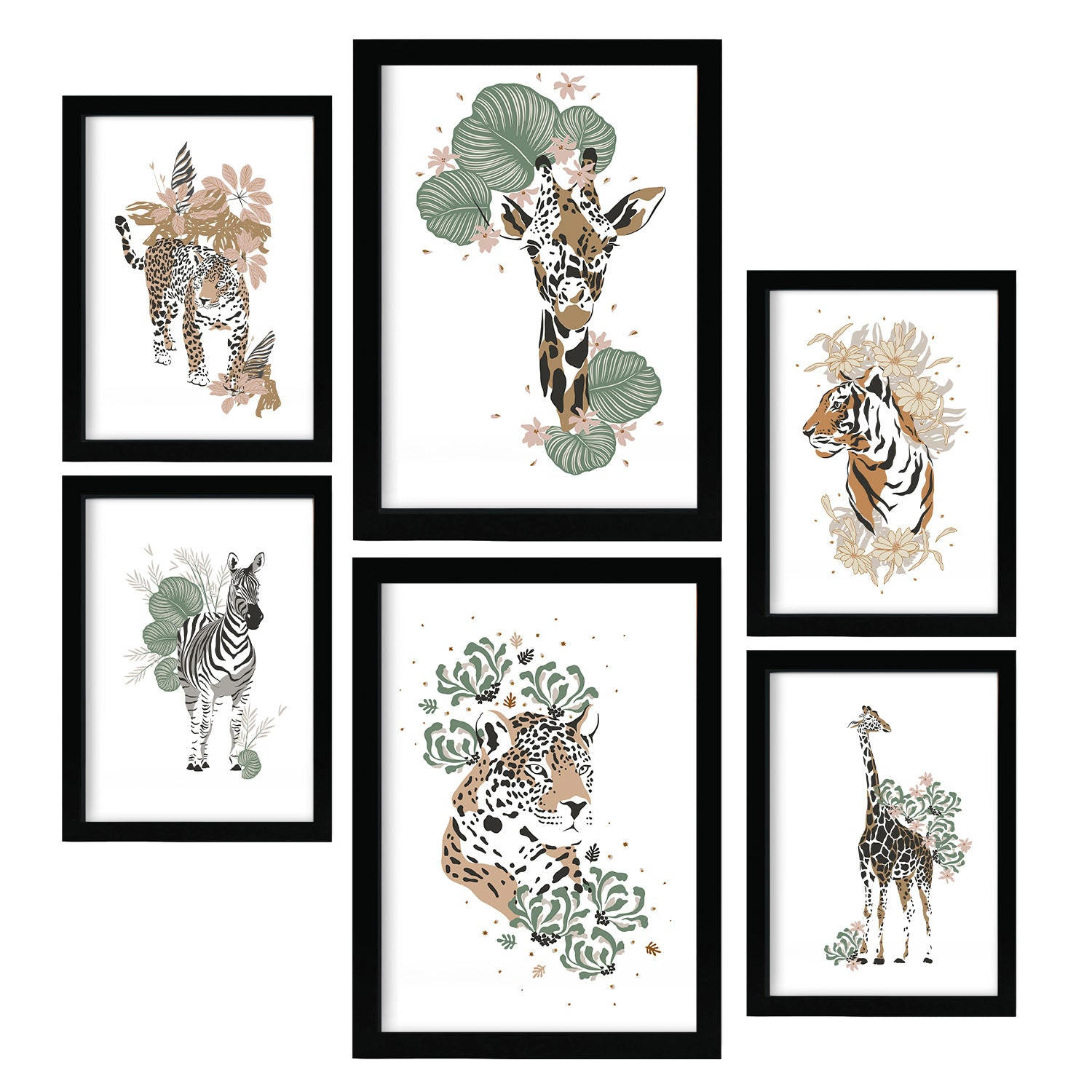 POSTER Set Mit 6 Wilde Tiere Weißer Hintergrund Mit Tiermotiven Im Pastell Muster Stil Innenarchitektur A3 & A4 Schwarzer Rahmen - Schwarz, Papier (29/3cm) - Nacnic