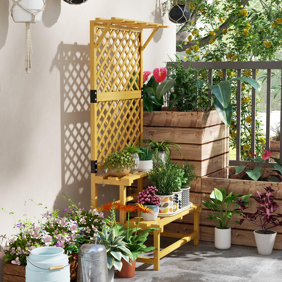 BLUMENTREPPE mit Rankhilfe, 2 Stufen, Pflanzentreppe für Innen Außen, Holz - Gelb, Holz (50/166/75cm) - Outsunny