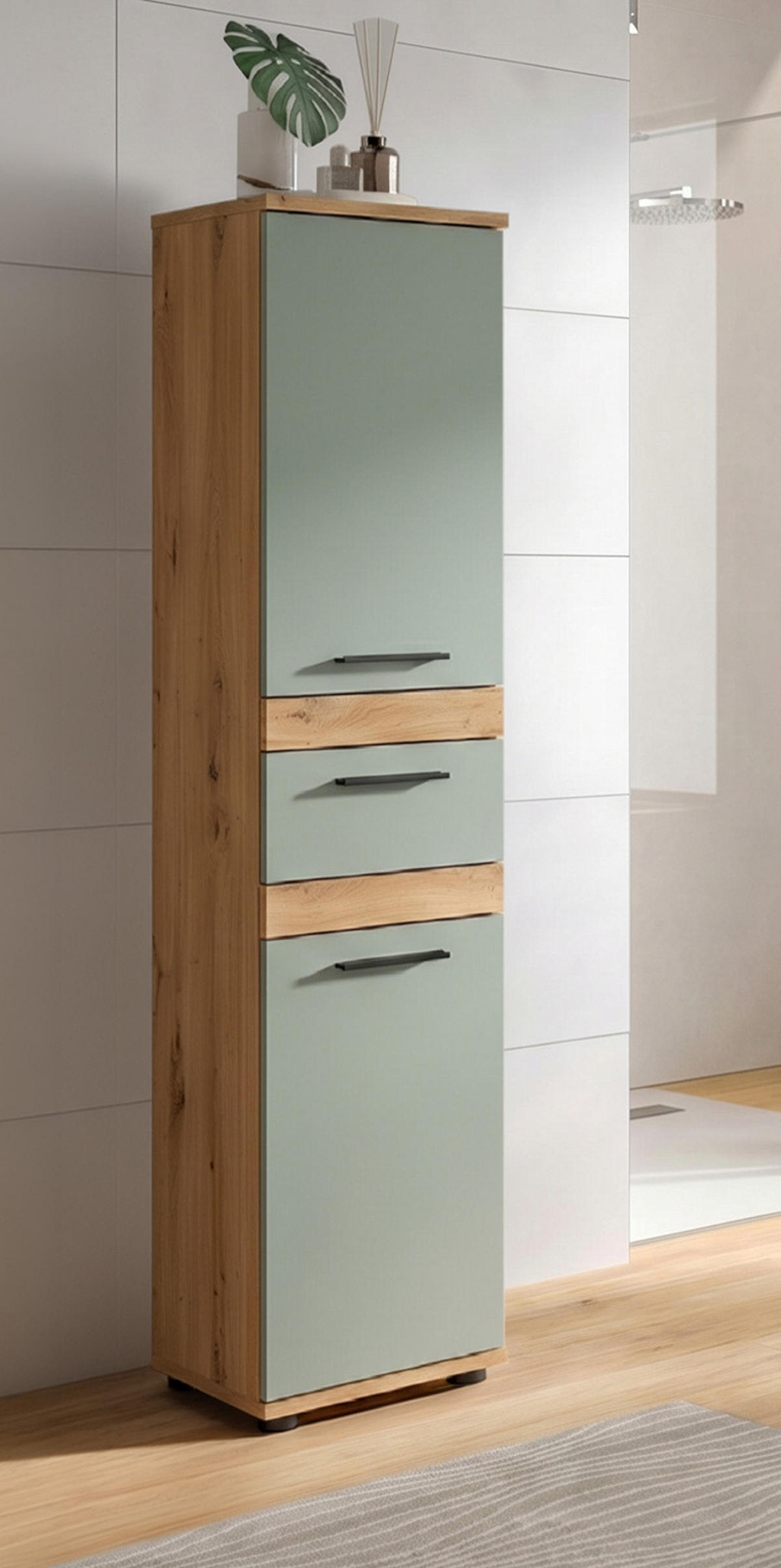 MIDISCHRANK Salbei, Artisan Eiche 35 x 137 cm, Badschrank in modernem Design - Salbeigrün/Schwarz, Holzwerkstoff/Kunststoff (35/137/31cm) - Inn.Furn