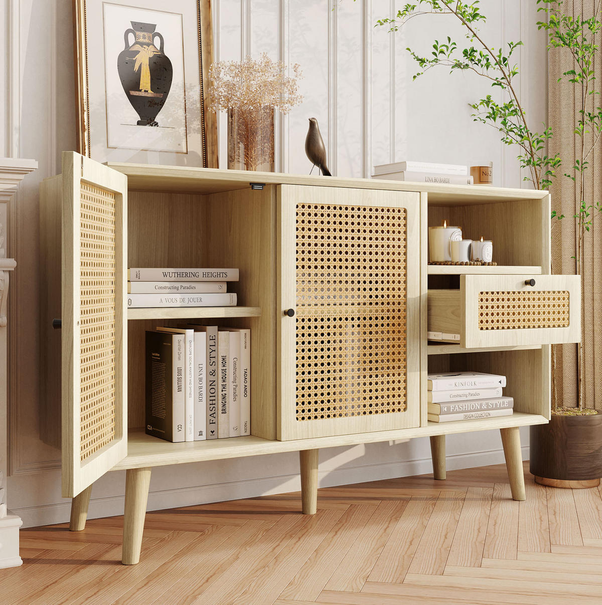 SIDEBOARD 120/40/80 cm mit 2 Türen, Schublade & Rattan-Optik in Eiche - Eichefarben, Holzwerkstoff (120/80/40cm) - BEAOK