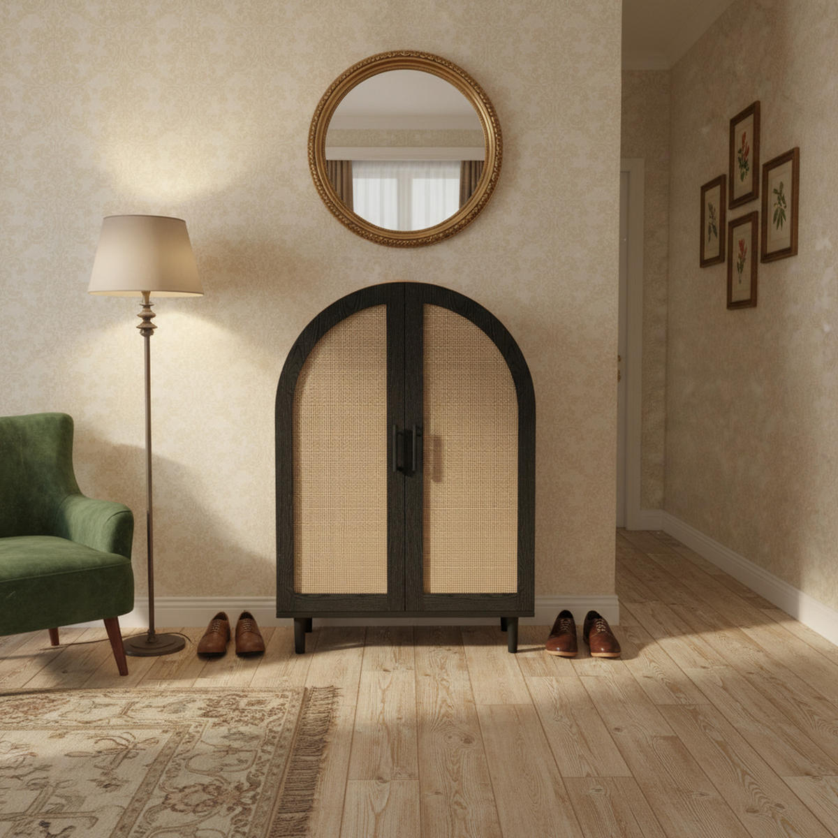 SCHUHKIPPER in Natur/Schwarz mit Bogen-Design - Schwarz, Holzwerkstoff (70/100/40cm) - Urban Meuble