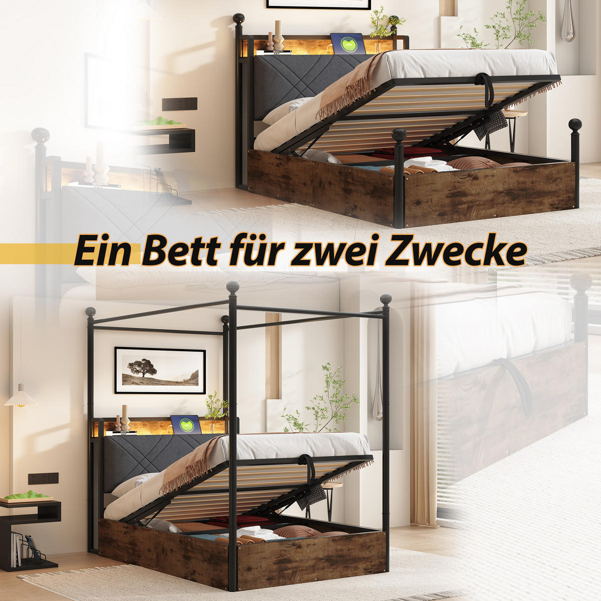 METALLBETT 90x190 cm Stauraum Baldachin schwarz - Schwarz, Metall (90/190cm) - LEBENLANG
