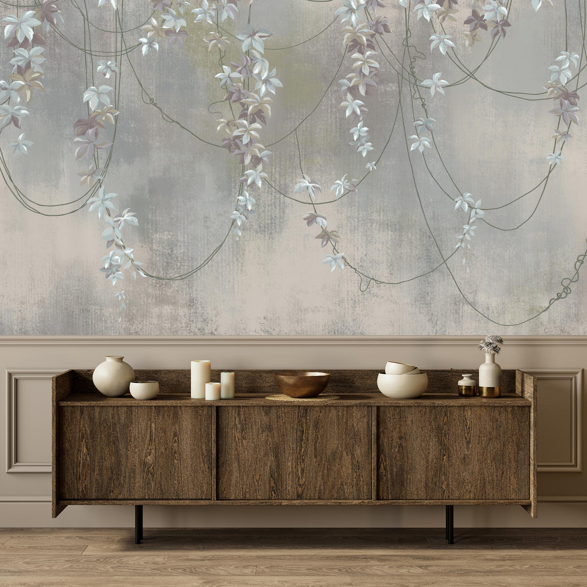 FOTOTAPETE für Wohnzimmer Abstrakte Blüten Lianen Beton Wand 450x315 - Grau, Papier (450/315cm) - Muralo
