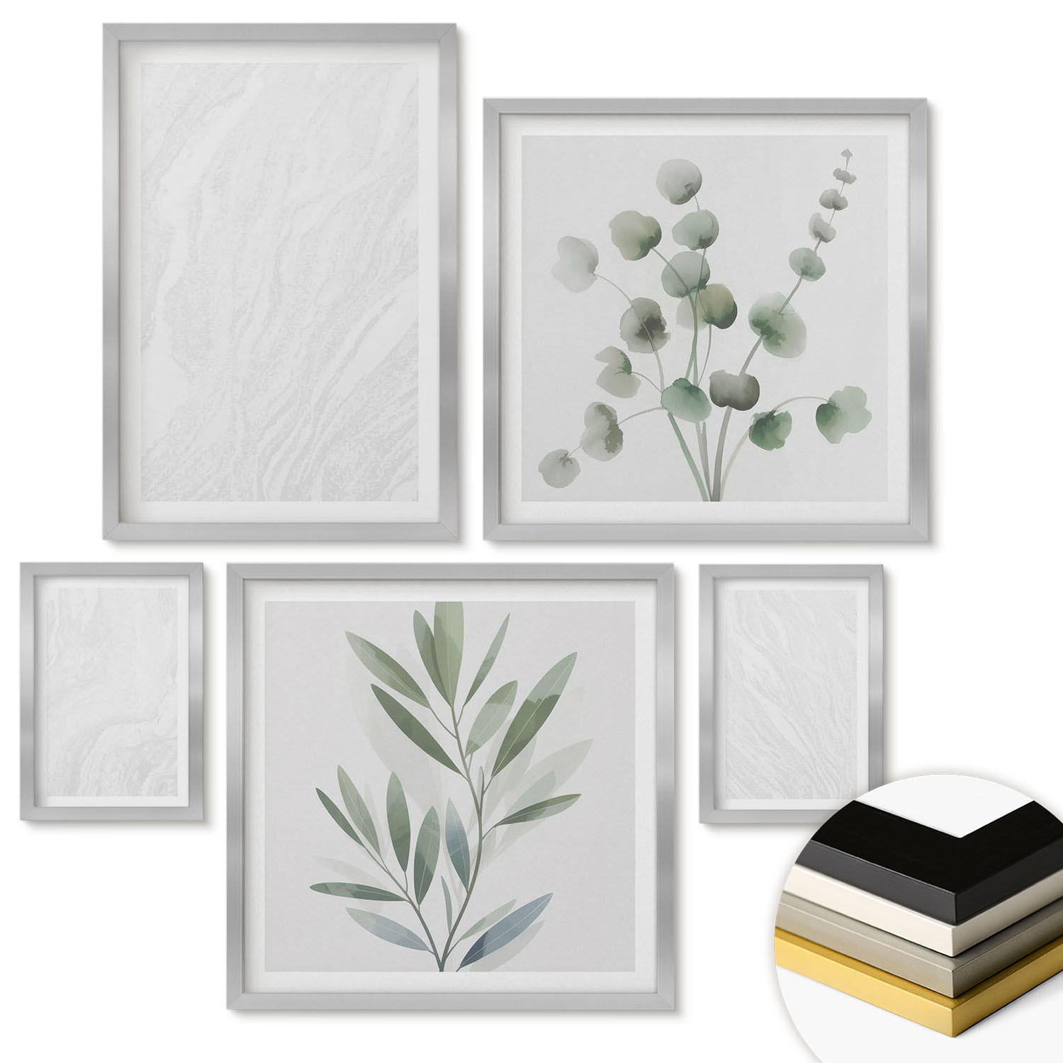 WANDBILDER 5er Set - 50x50 cm & 20x30 cm & 40x60 cm Silberner Rahmen - Marmorstruktur, pastellfarbene Zweige - Silberfarben, Kunststoff (40/60cm) - ArtPrintCave