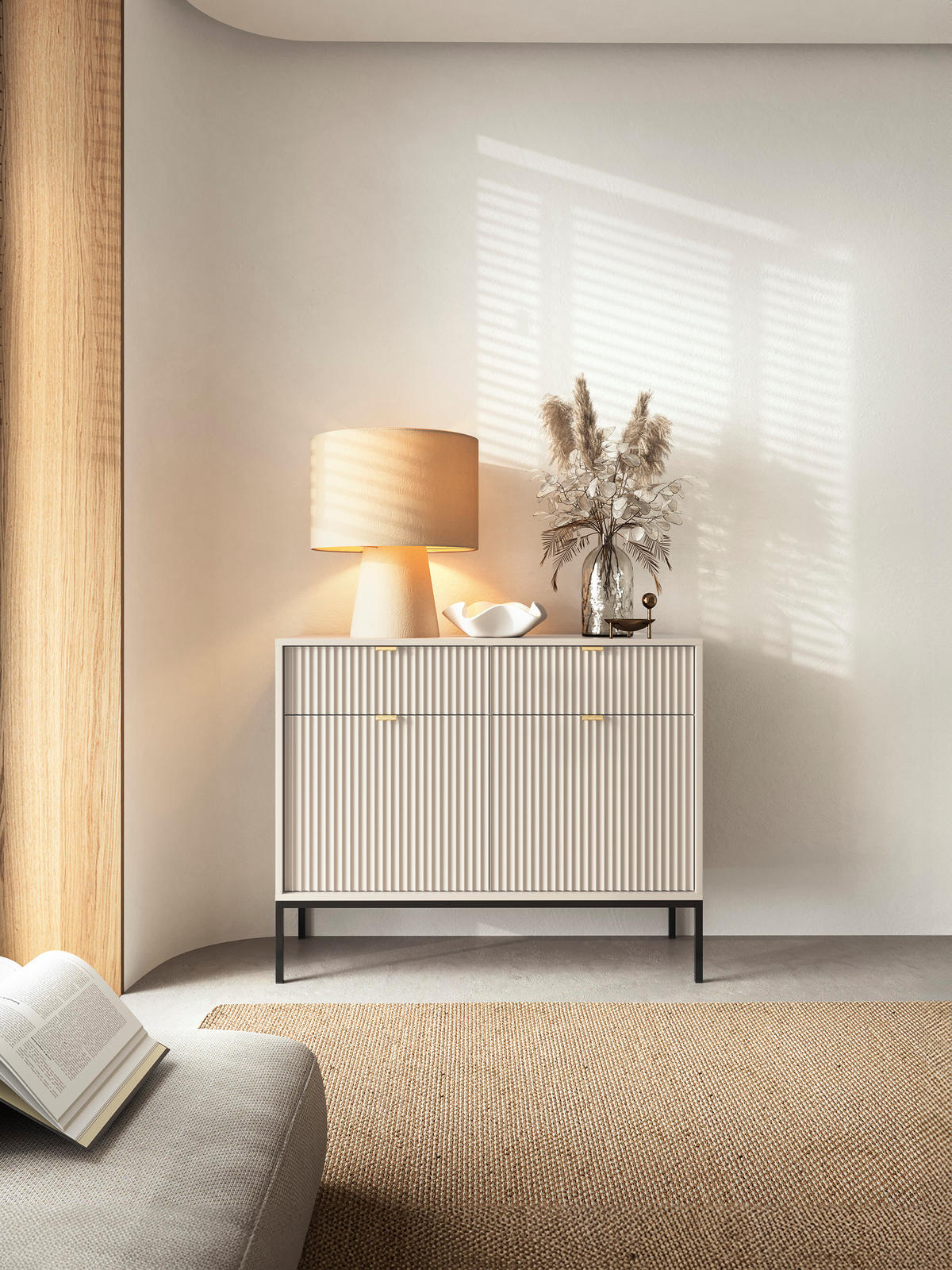 KOMMODE: 2 Schubladen, 2 Türen, Kaschmir, Schwarz, 104 x 83 x 39 cm, goldene Griffe - Beige/Schwarz, Holzwerkstoff/Metall (104/83/39cm) - 3XE LIVING