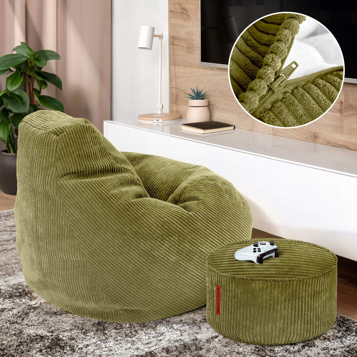 LOUNGE-SITZSACK Cozy + Fußhocker - Grün, Textil (80/90/90cm) - Green Bean