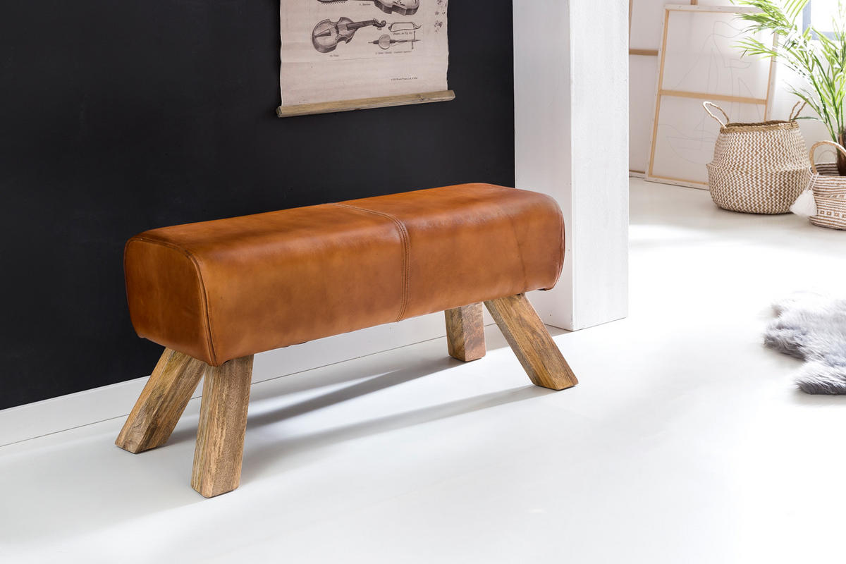 SITZHOCKER – Leder/Mango-Holz, 90x30x43 cm, Braun - Braun, Mangoholz/Leder (90/43/30cm) - KADIMA DESIGN