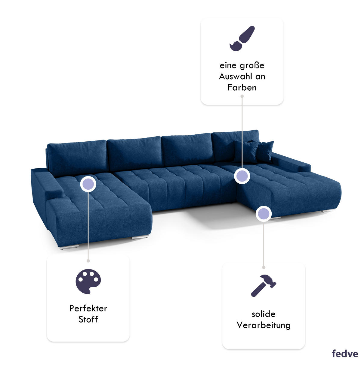 WOHNLANDSCHAFT mit Schlaffunktion Dhaka U, Dunkelblau - Blau, Textil (185/85/350cm) - Fedve