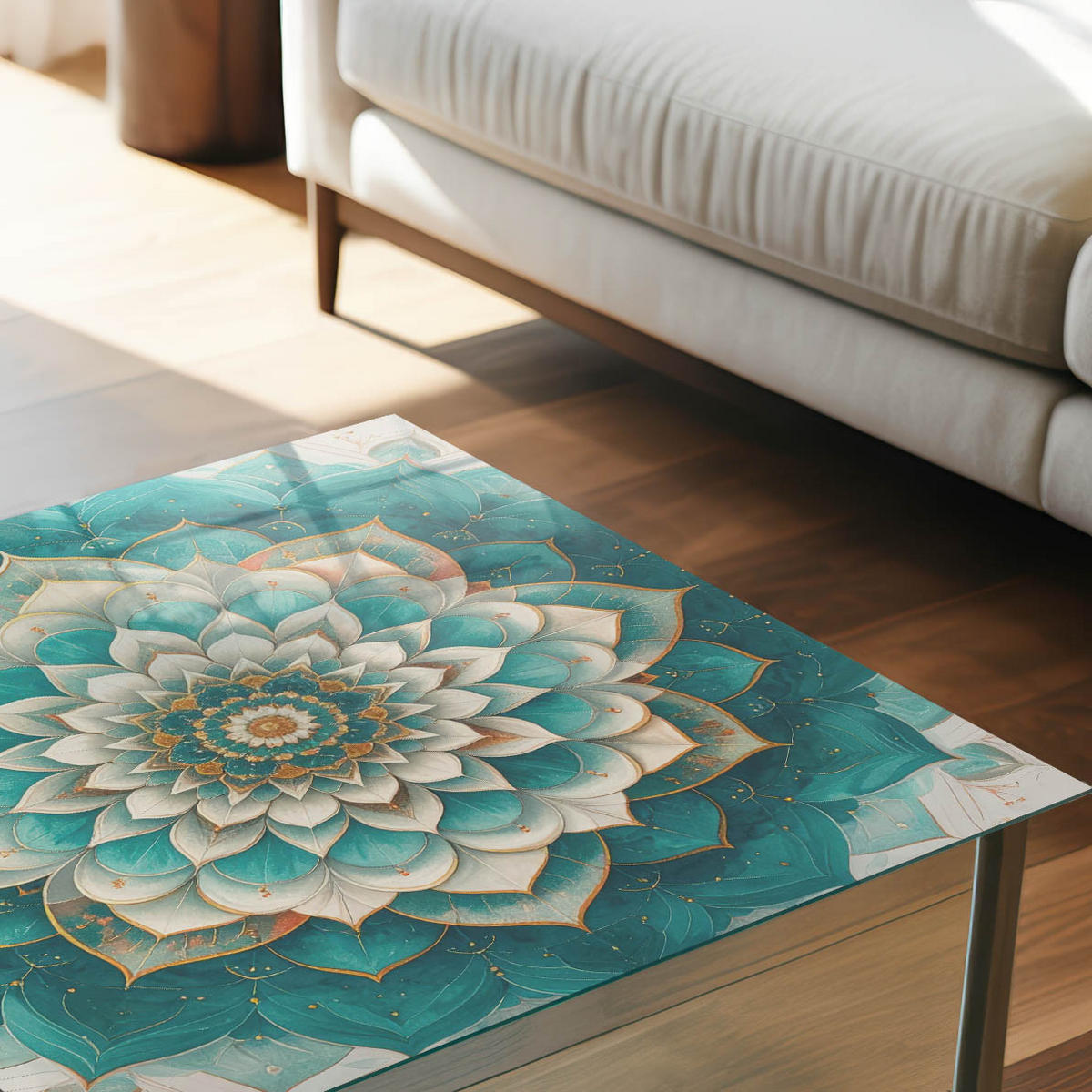 TISCHPLATTE 50x50 cm – Symmetrisches Mandala - Türkis, Glas (50/50/0.4cm) - Wallfluent