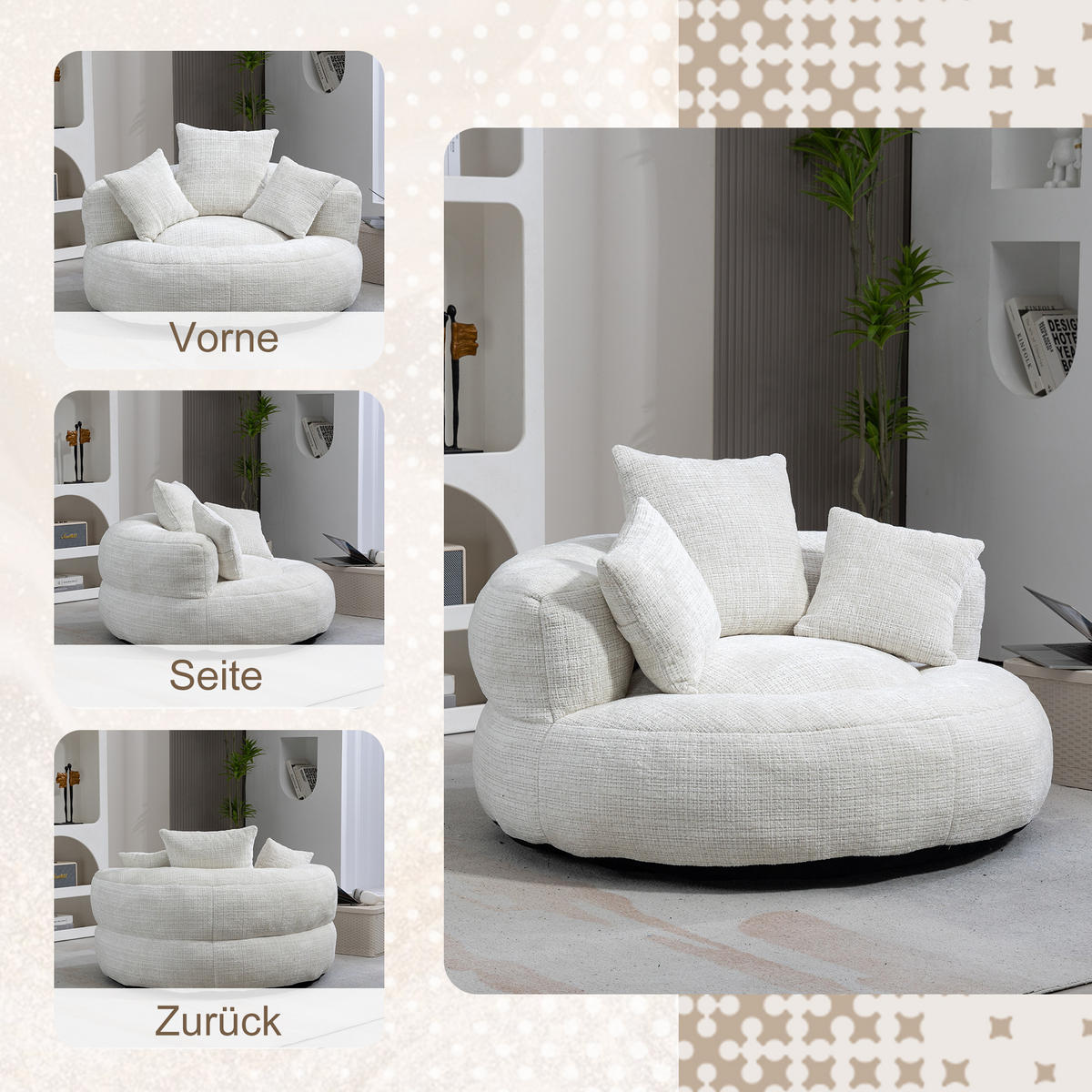 LAZY SOFA– Hoher Rücken & 3 Kissen (Beige Chenille) - Beige, Textil (108/52/108cm) - Urban Meuble