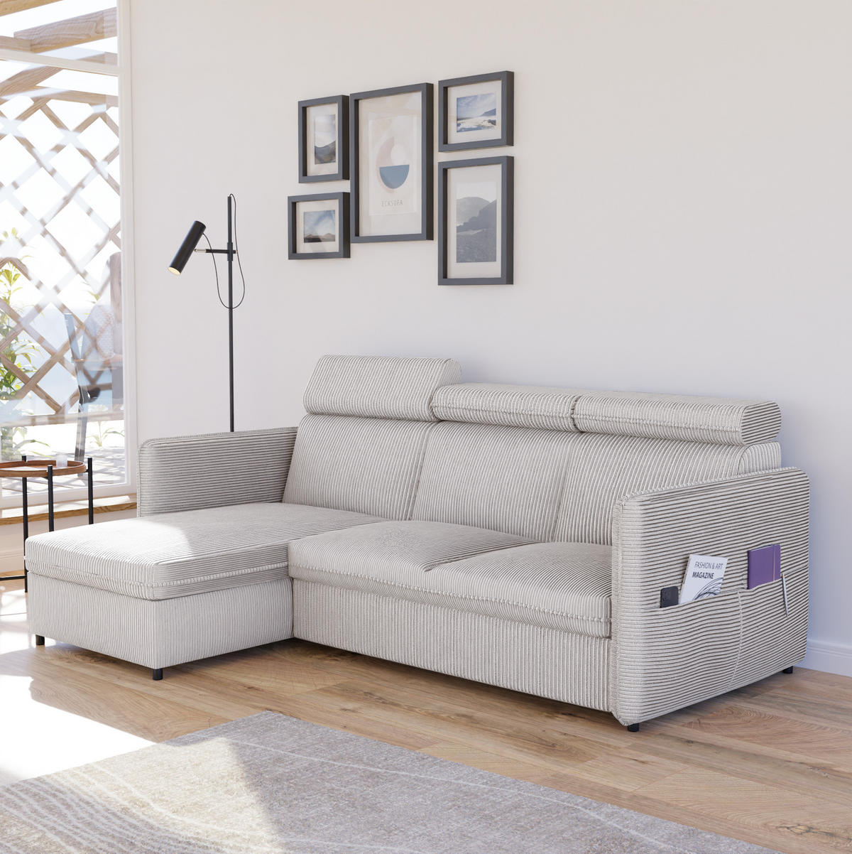 ECKSOFA mit Schlaffunktion und Bettkasten, Beige - Beige, Holzwerkstoff/Textil (220/140cm) - Idohome