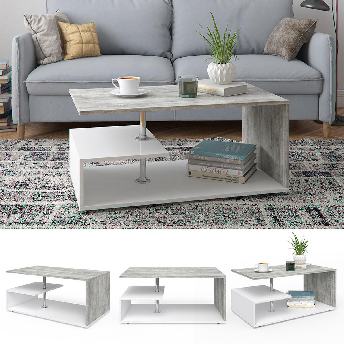 COUCHTISCH Guillermo Beton/Weiß 91 x 52,6 cm - Weiß/Grau, Holzwerkstoff (52.6/91/41cm) - Vicco