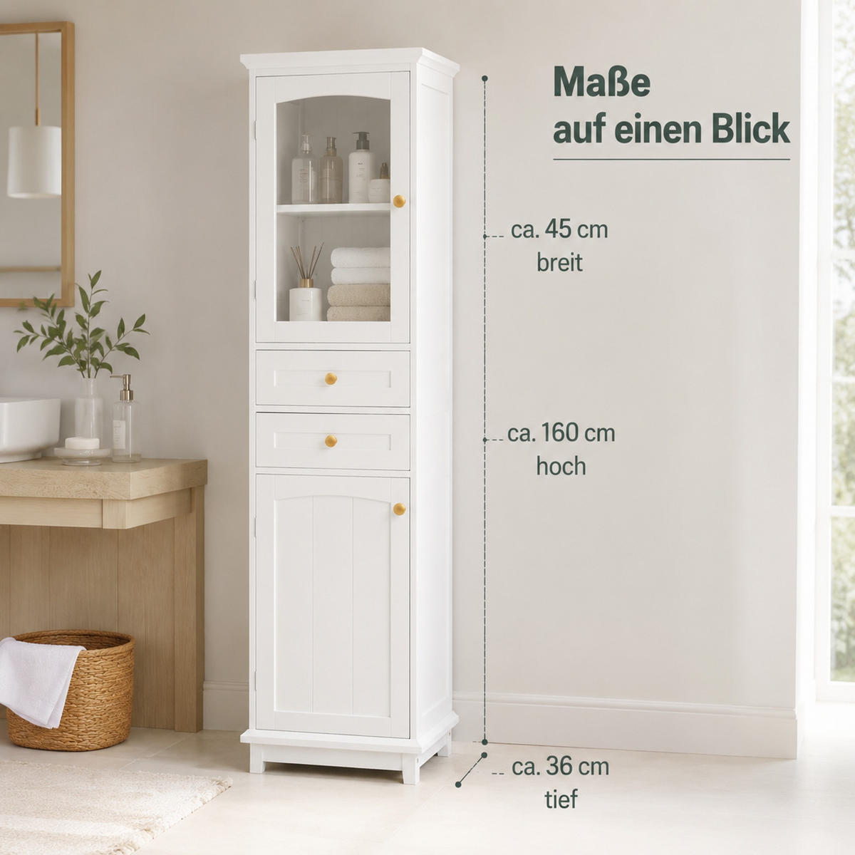 VITRINE 45/36/160 cm aus MDF und Glas mit 2 Schubladen und verstellbaren Einlegeböden Weiß - Weiß, Holzwerkstoff (45/160/36cm) - Modenvie