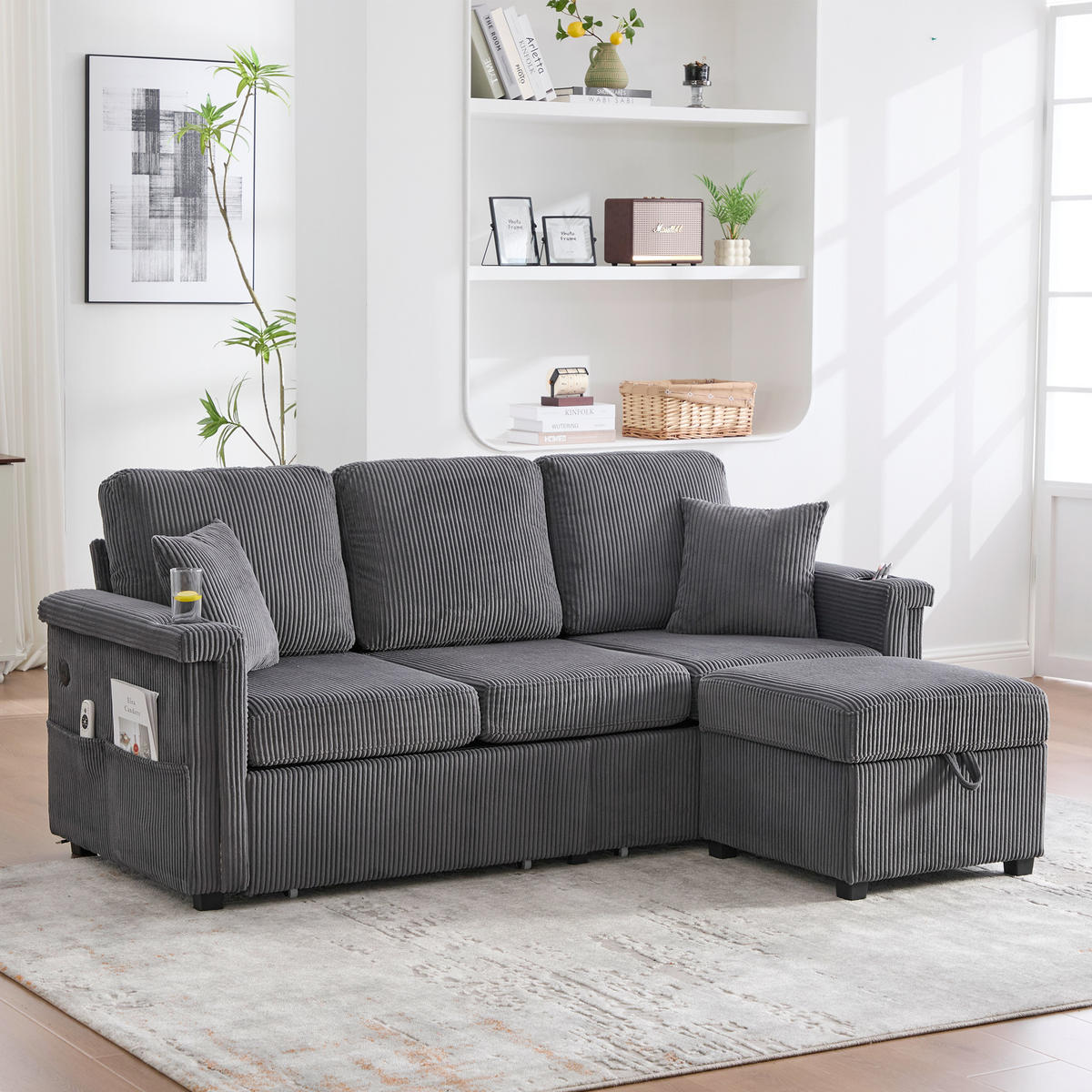 SOFA Corduroy mit LED und USB-Anschluss Stauraum 194/73/81 cm Dunkelgrau - Dunkelgrau, Textil (73/194cm) - Redom