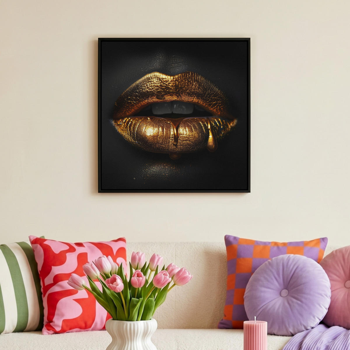 LEINWAND Bilder mit Rahmen - Frau - Porträt - Lippen - Gold - Schwarz - 50x50 - Schwarz, Textil (50/50cm) - MuchoWow