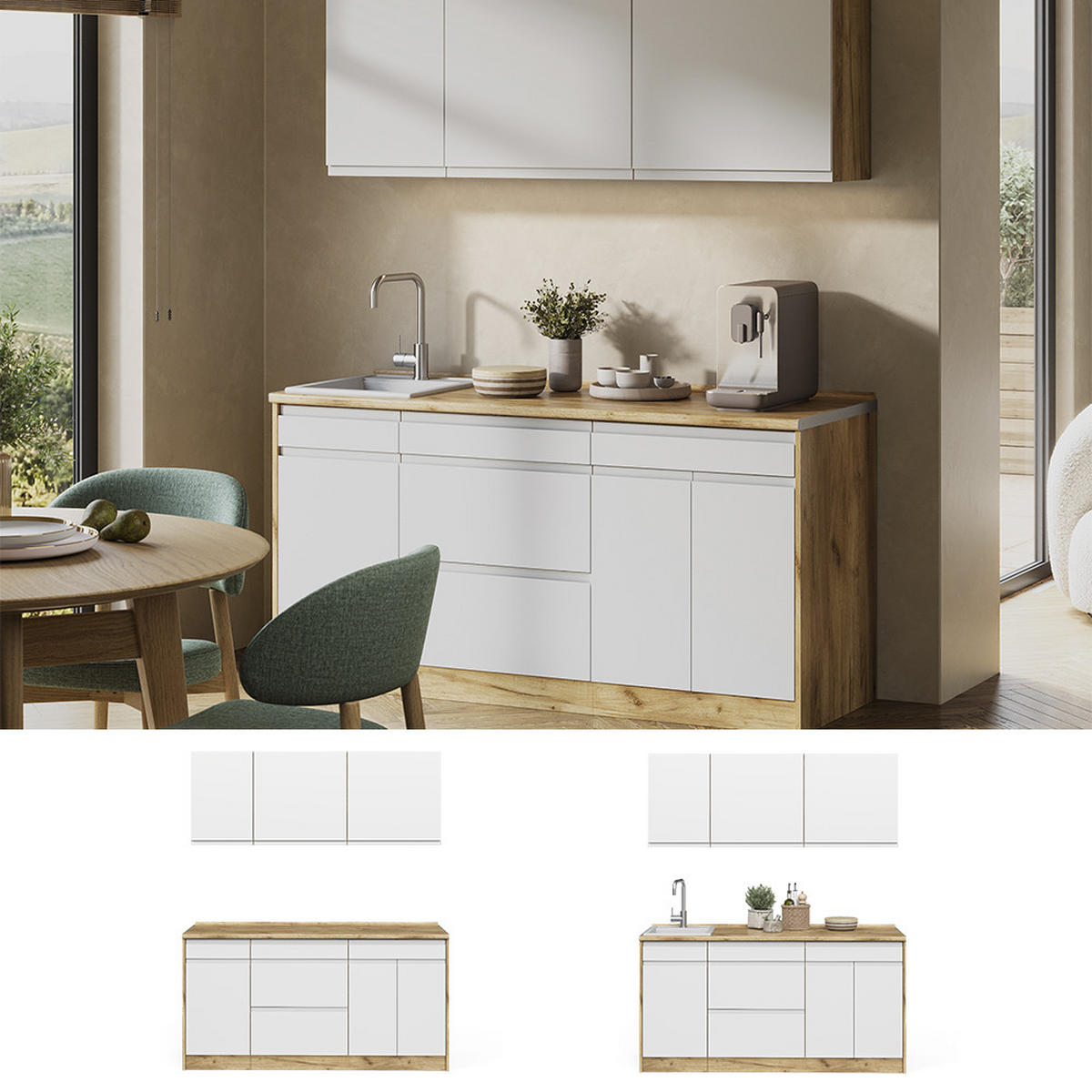 SINGLEKÜCHE R-Line, Weiß/Goldkraft Eiche, 160 cm Arbeitsplatte Platin - Eichefarben/Weiß, Holzwerkstoff (160/81.6/60cm) - Vicco