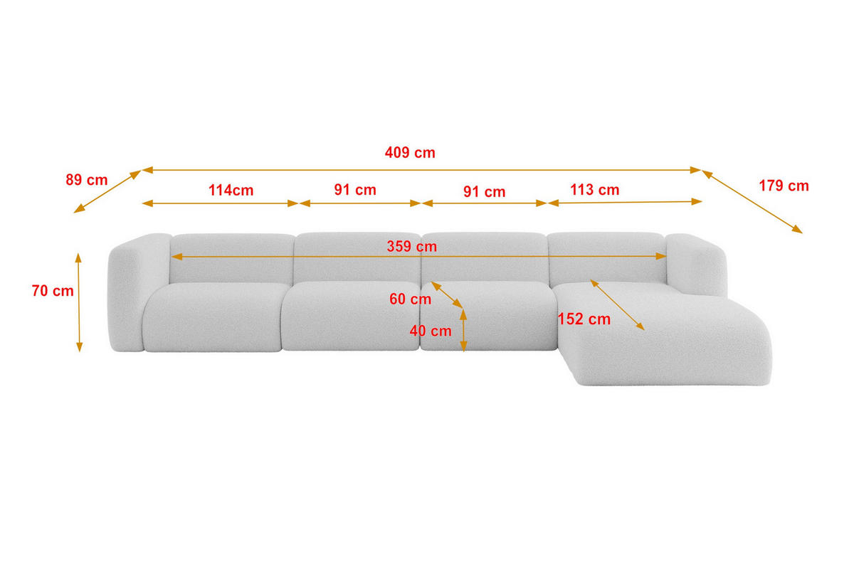 ECKSOFA Ottomane Rechts MIRA-L3 409x179x70 Hellgrau Bouclé - Silberfarben/Hellgrau, Holzwerkstoff/Kunststoff (409/179cm) - ALTDECOR