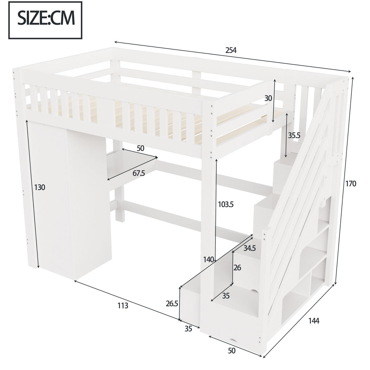 HOCHBETT 140/200 cm in Weiß aus Holz mit Treppe, Schreibtisch, LED und Stauraum - Weiß, Holz/Holzwerkstoff (140/200cm) - WISHDOR