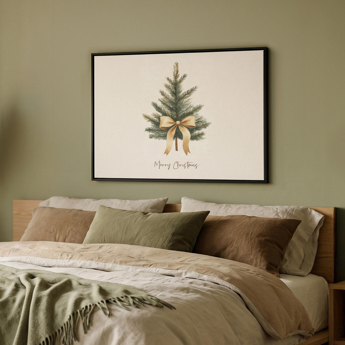 LEINWAND Bilder mit Rahmen - Weihnachtsbaum - Weihnachten - Frohe Weihnachten - Beige - 80x60 - Sandfarben, Textil (80/60cm) - MuchoWow