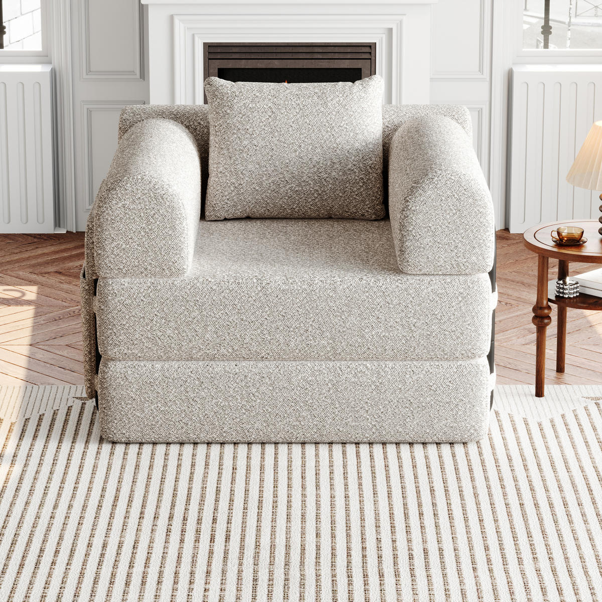 SCHLAFSOFA 2-in-1 mit Ablagefach in der Armlehne und Stahlrahmen Khaki Chenille 100/80/90 cm - Naturfarben, Textil (181.6/49.5/94cm) - OKWISH
