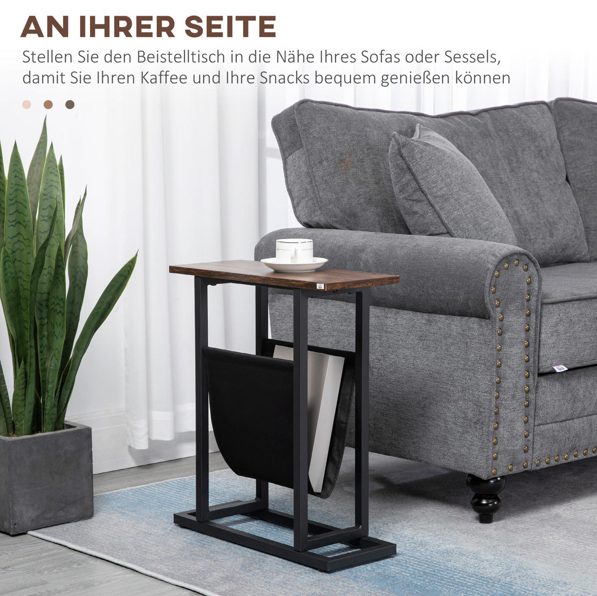 BEISTELLTISCH 49/19/55 cm mit Stofftasche und Stahlrahmen, platzsparendes Design, Dunkelbraun - Braun, Textil (49/19/55cm) - Redom