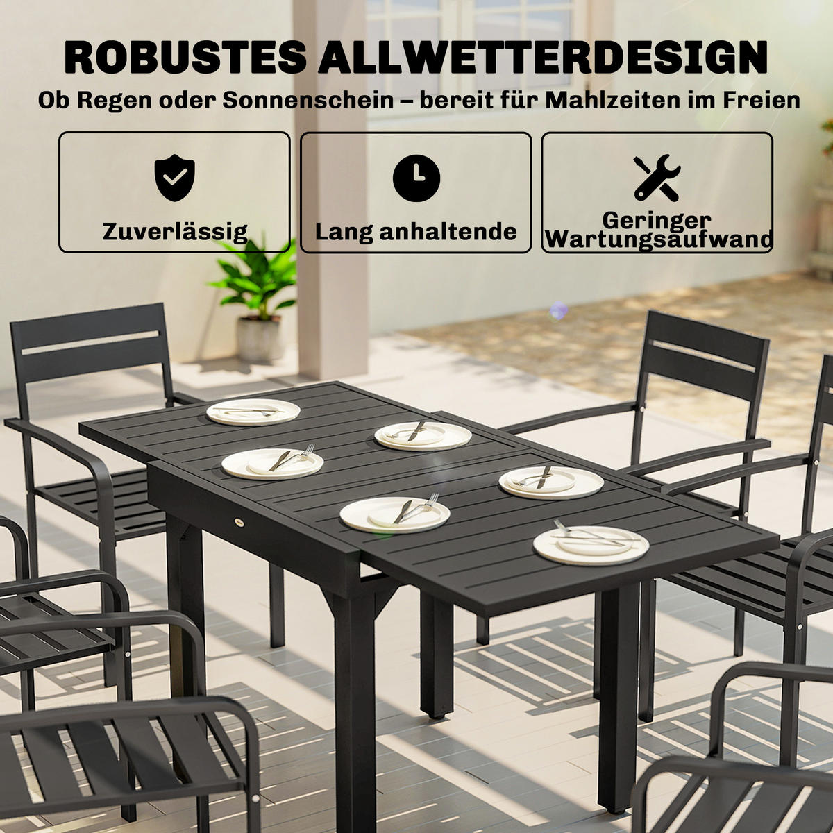 AUSZIEHBARER-GARTENTISCH Aluminium Stahl Schwarz - Schwarz, Metall (160/80/75cm) - Outsunny