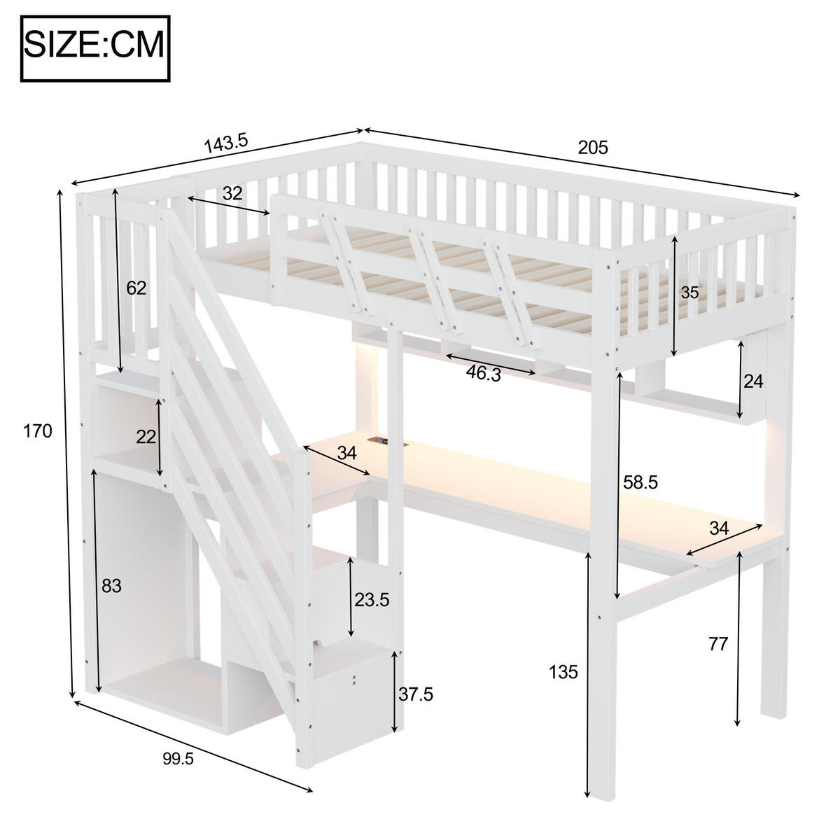 HOCHBETT 90/200 cm DE-01497, in Weiß, mit Aufbewahrungstreppe, Schreibtisch und LED-Licht - Weiß, Holz (90/200cm) - ComfortXL