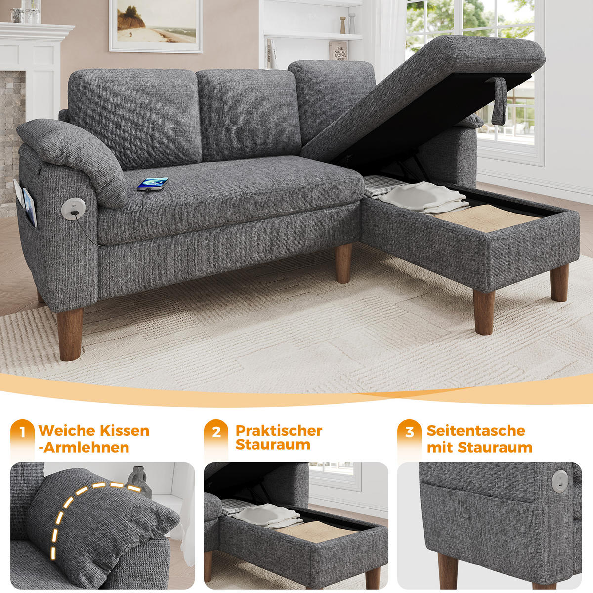 ECKSOFA 181/125/88 cm Hellgrau mit Stauraum-Chaiselongue und USB/Type-C-Ladeanschluss - Hellgrau, Textil (181/125cm) - Oxeza