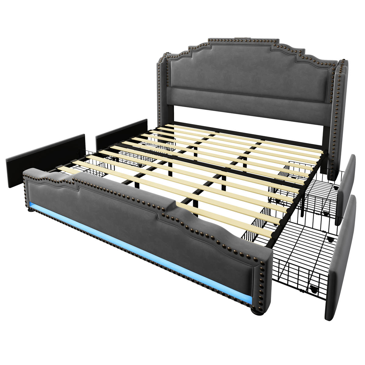 POLSTERBETT 180/200 cm mit 4 Schubladen, LED-Beleuchtung, USB-C und Lattenrost aus Samt, Grau - Grau, Textil (180/200cm) - Redom