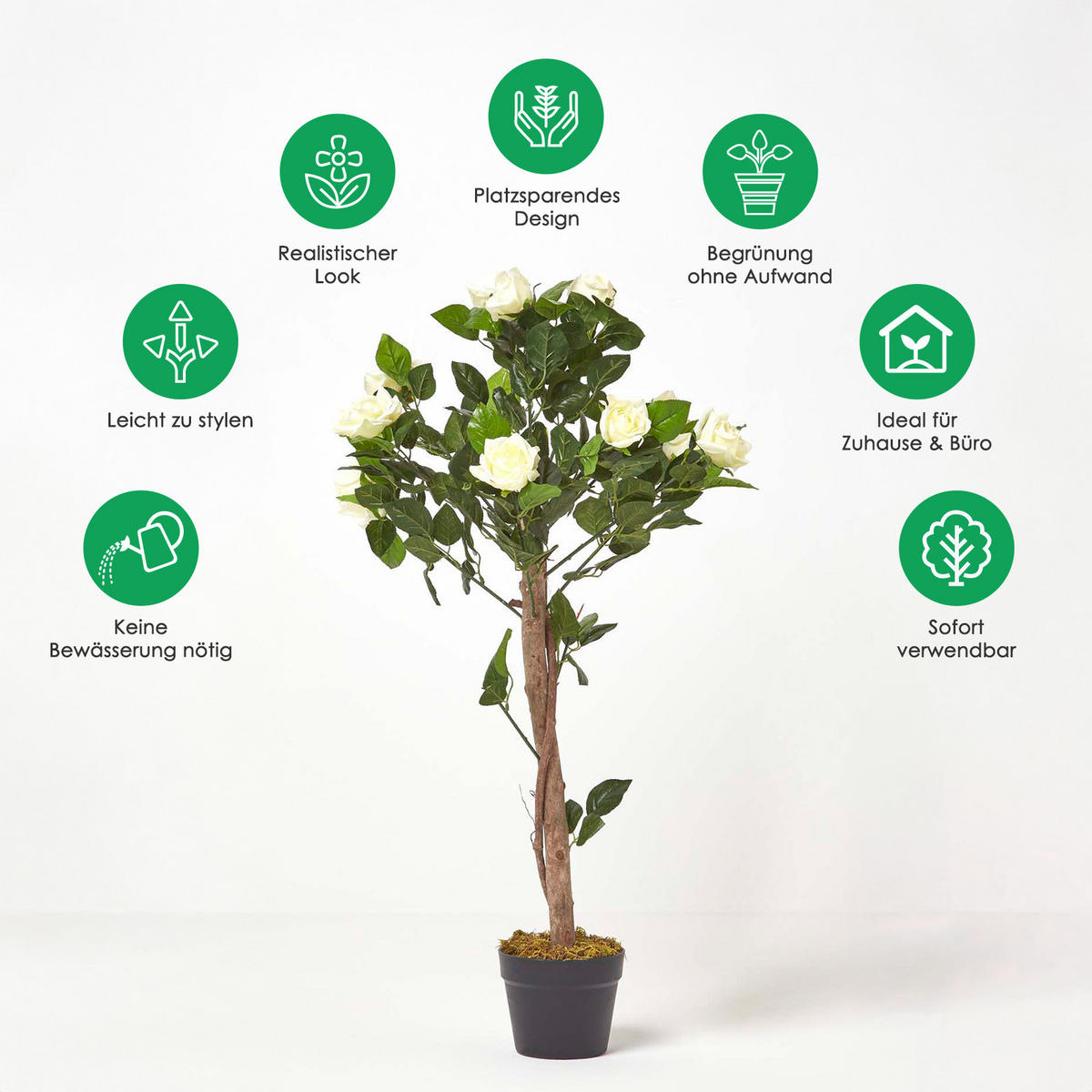 KUNSTBAUM Rosenstock weiß, 90 cm - Weiß, Kunststoff (90cm) - Homescapes