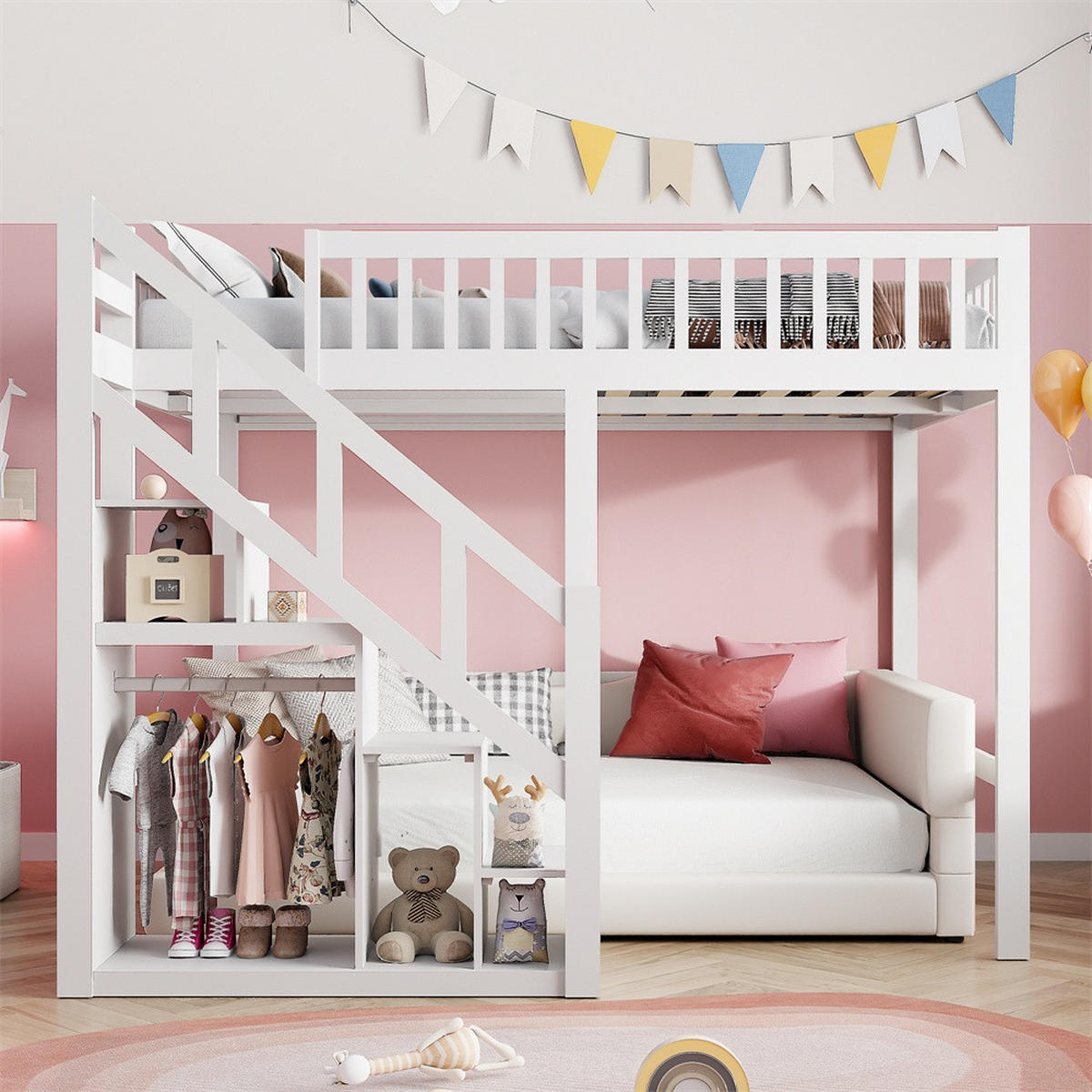 HOCHBETT 140x200 cm - Multifunktionales Kinderbett mit Treppenregal und hohem Rausfallschutz - ohne Matratze - Weiß - Weiß, Holz (140/200cm) - DELFA